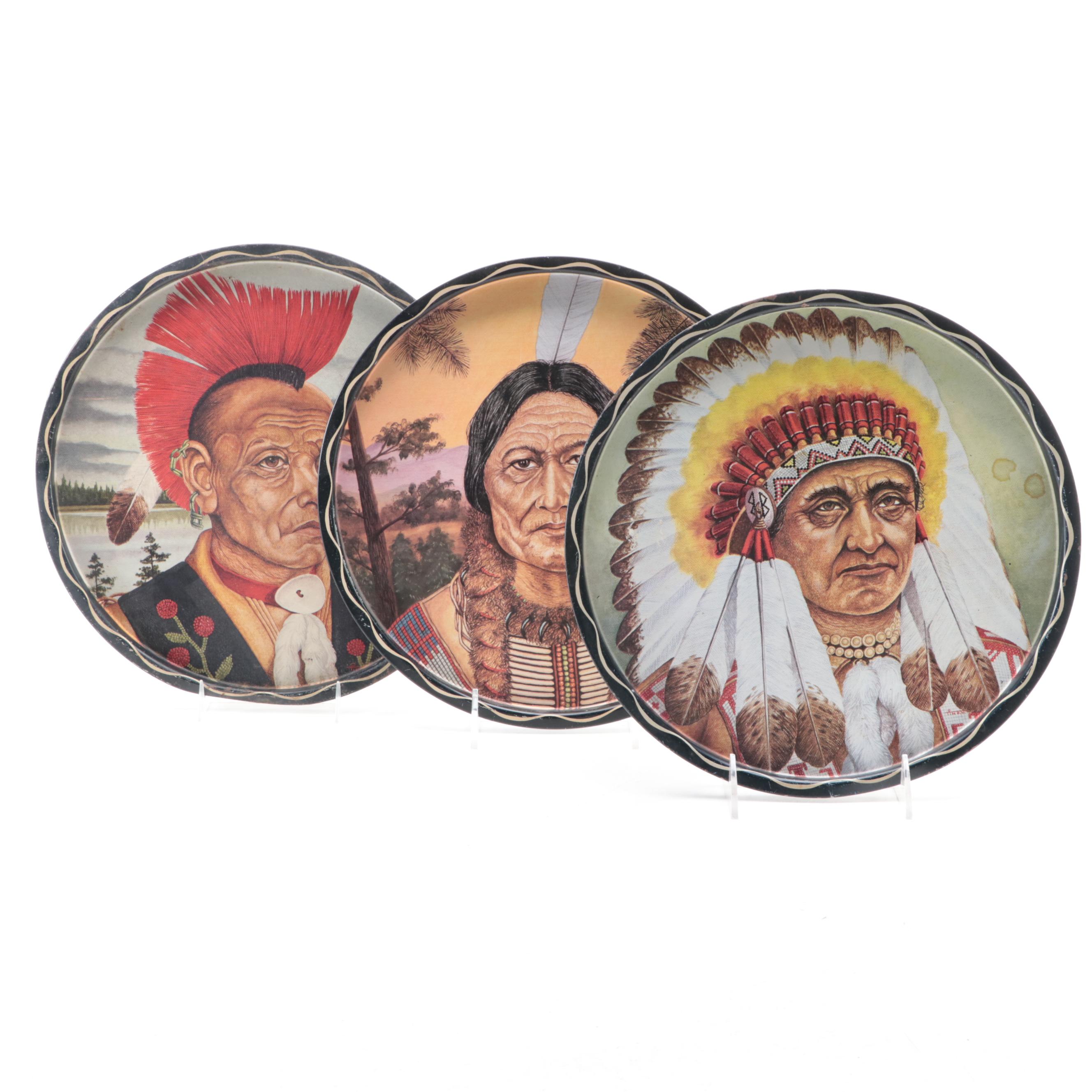 Tin Lithograph Native American Chief Portrait Serving Trays