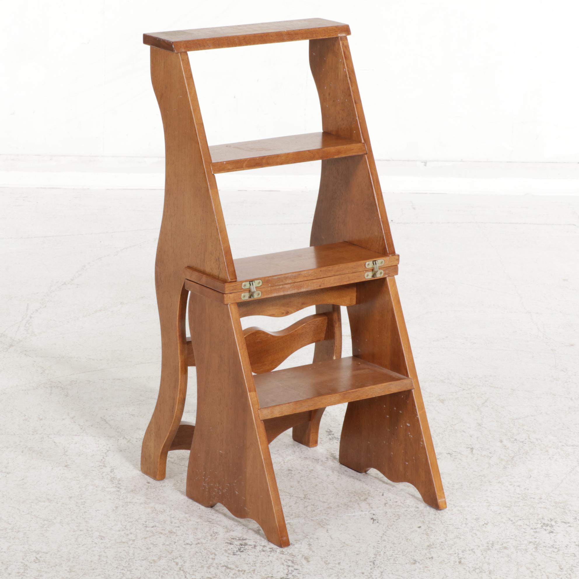 American Primitive Style Pine Shelf Rack, Breadbox and Metamorphic Step Chair