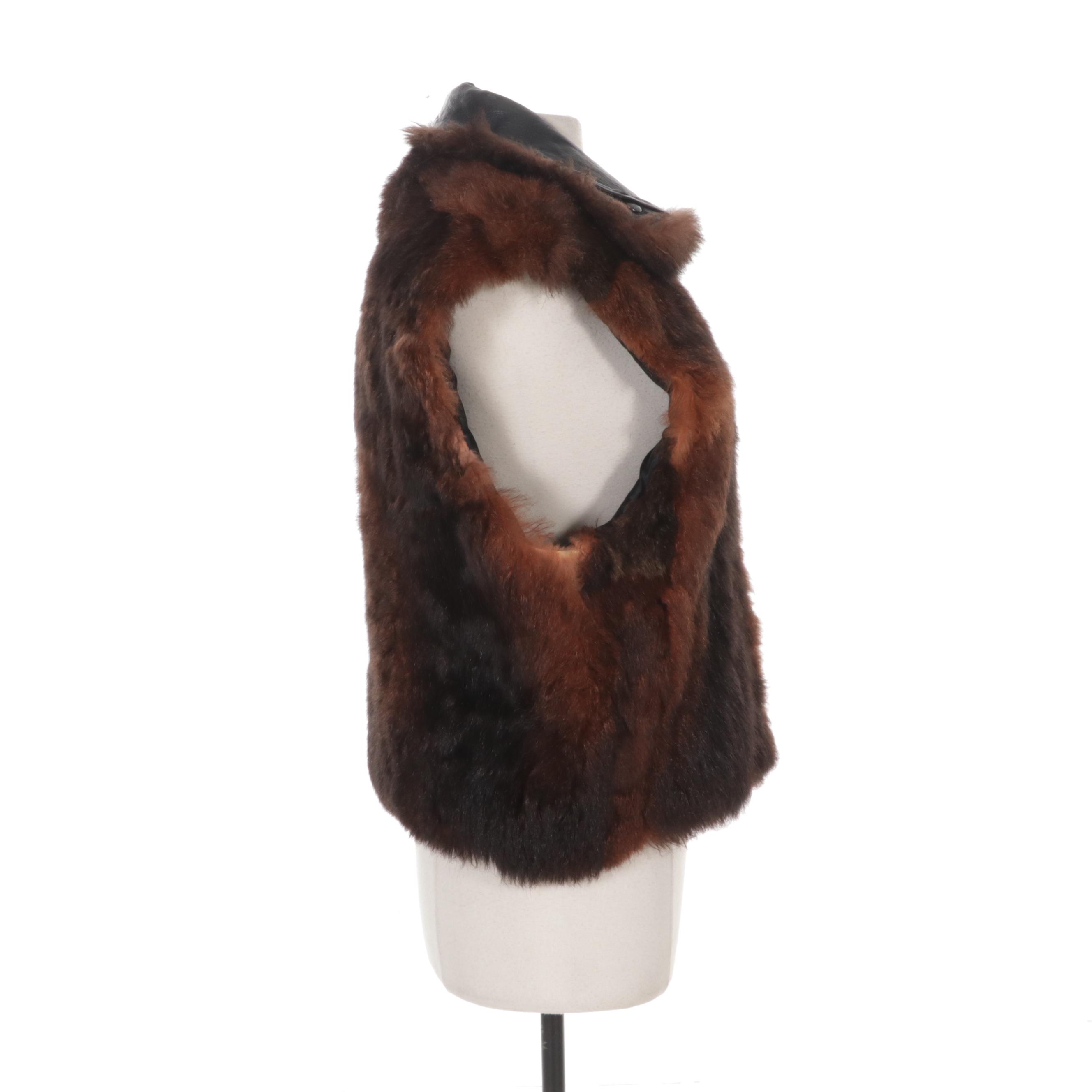 Australian Possum Fur Zipper-Front Vest with Leather Trim