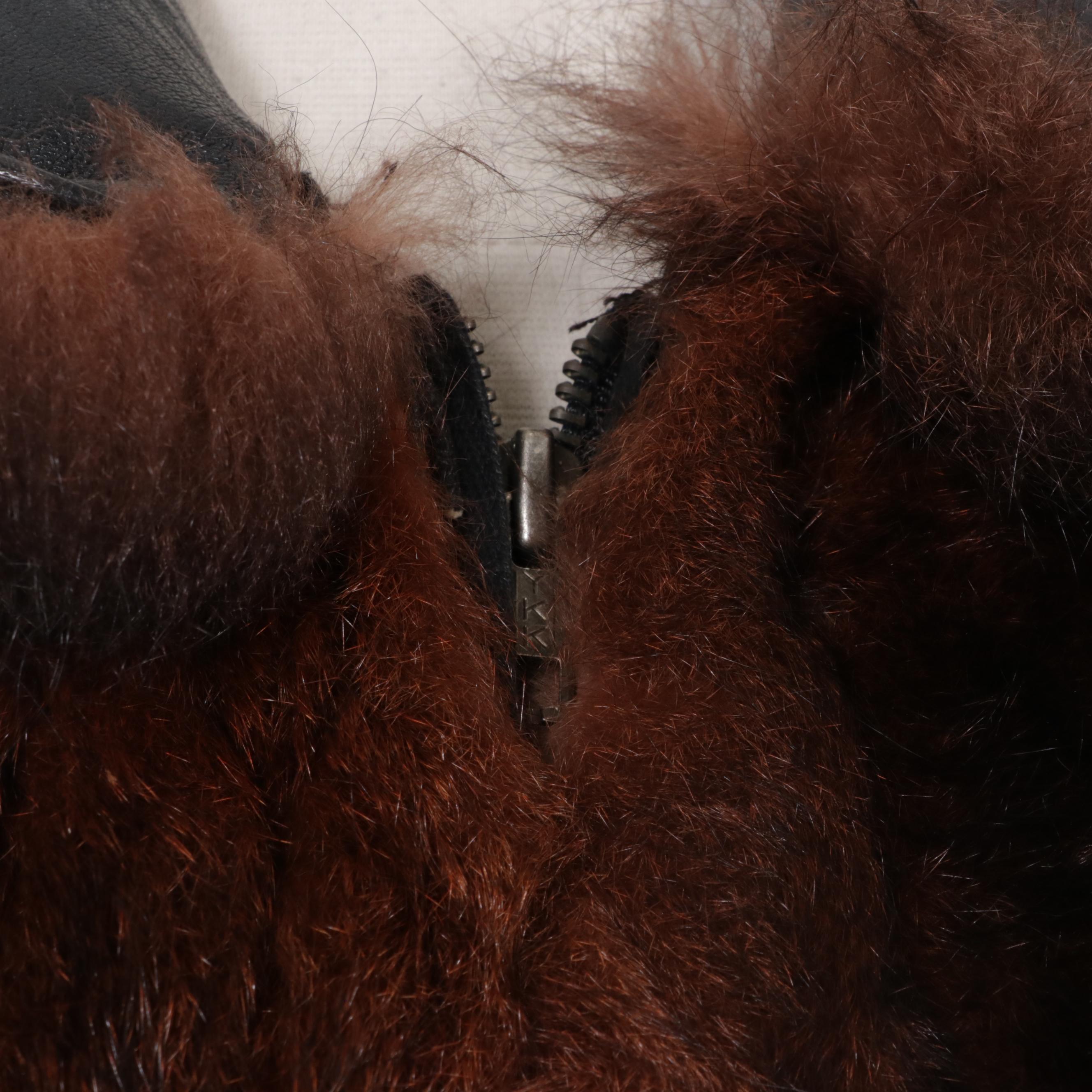 Australian Possum Fur Zipper-Front Vest with Leather Trim