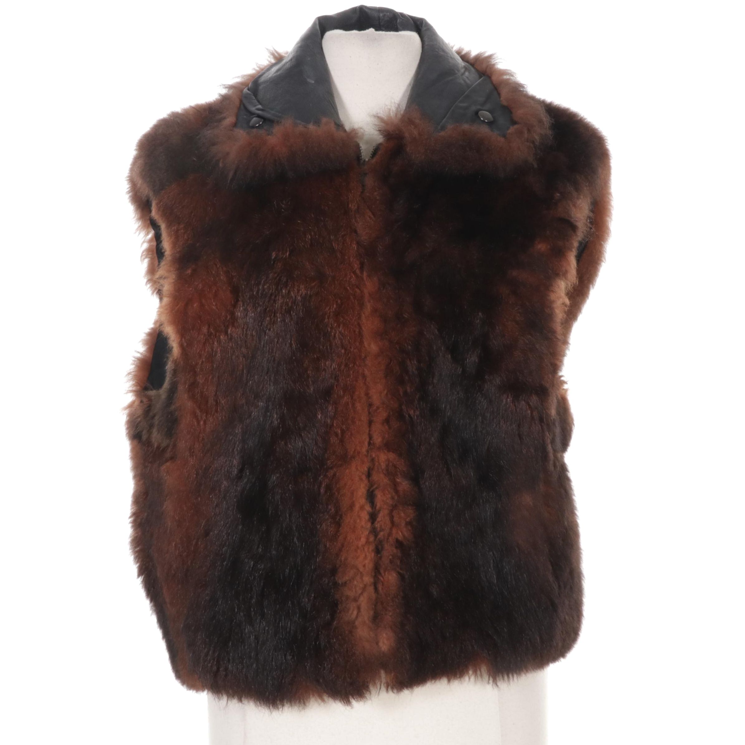 Australian Possum Fur Zipper-Front Vest with Leather Trim