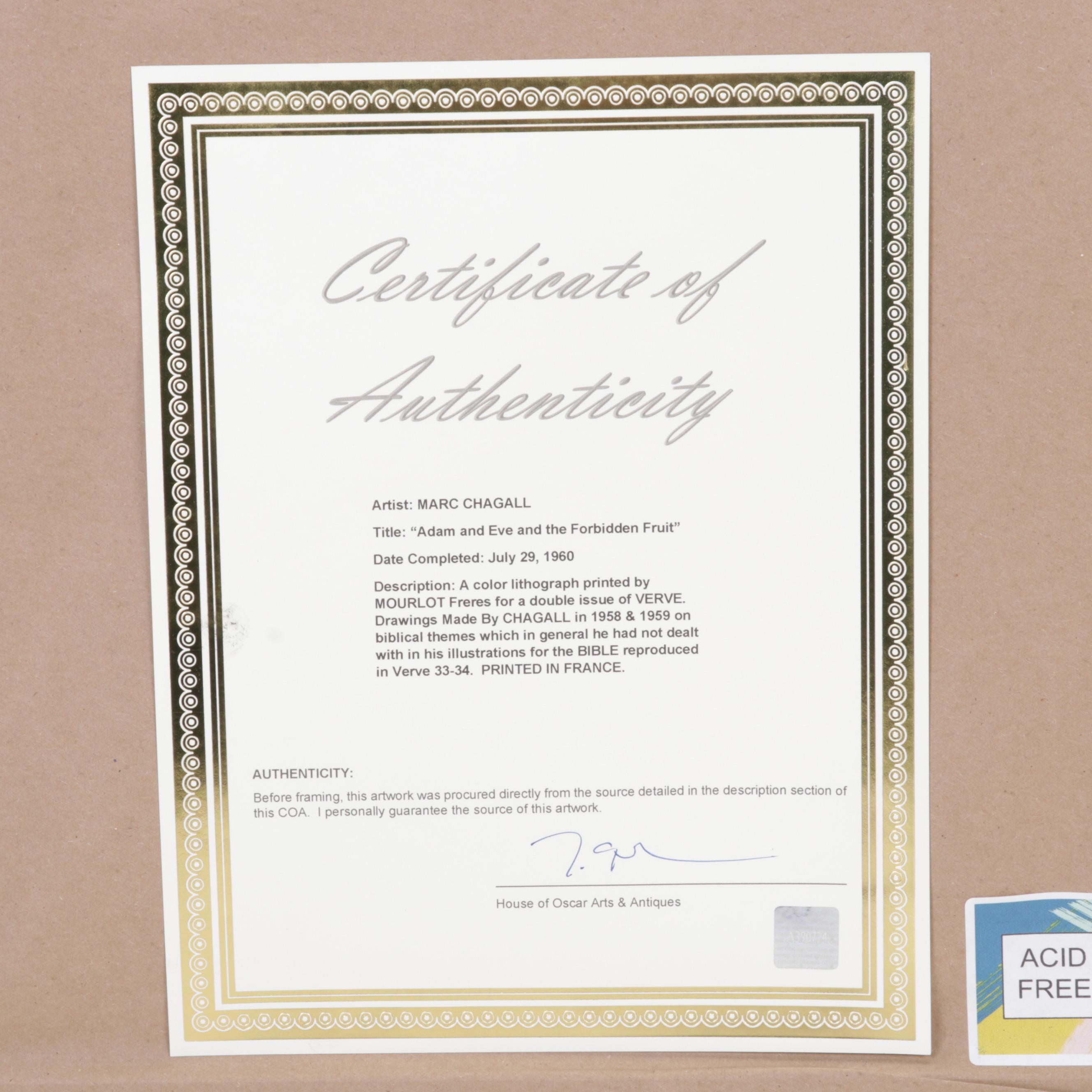 Marc Chagall Color Lithograph "Adam and Eve and the Forbidden Fruit," 1960