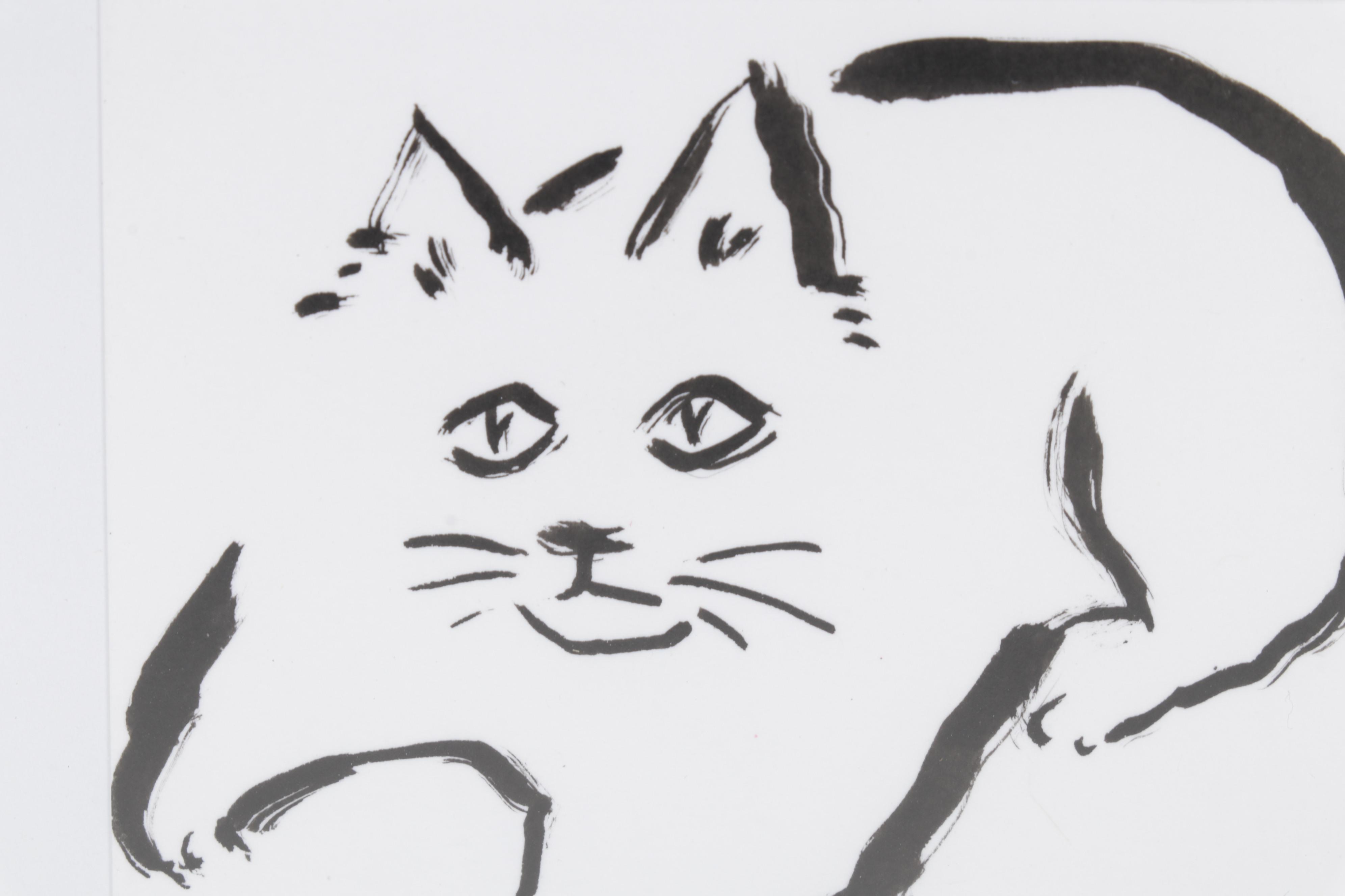 Folk Art Ink Wash Painting of Cats, 21st Century