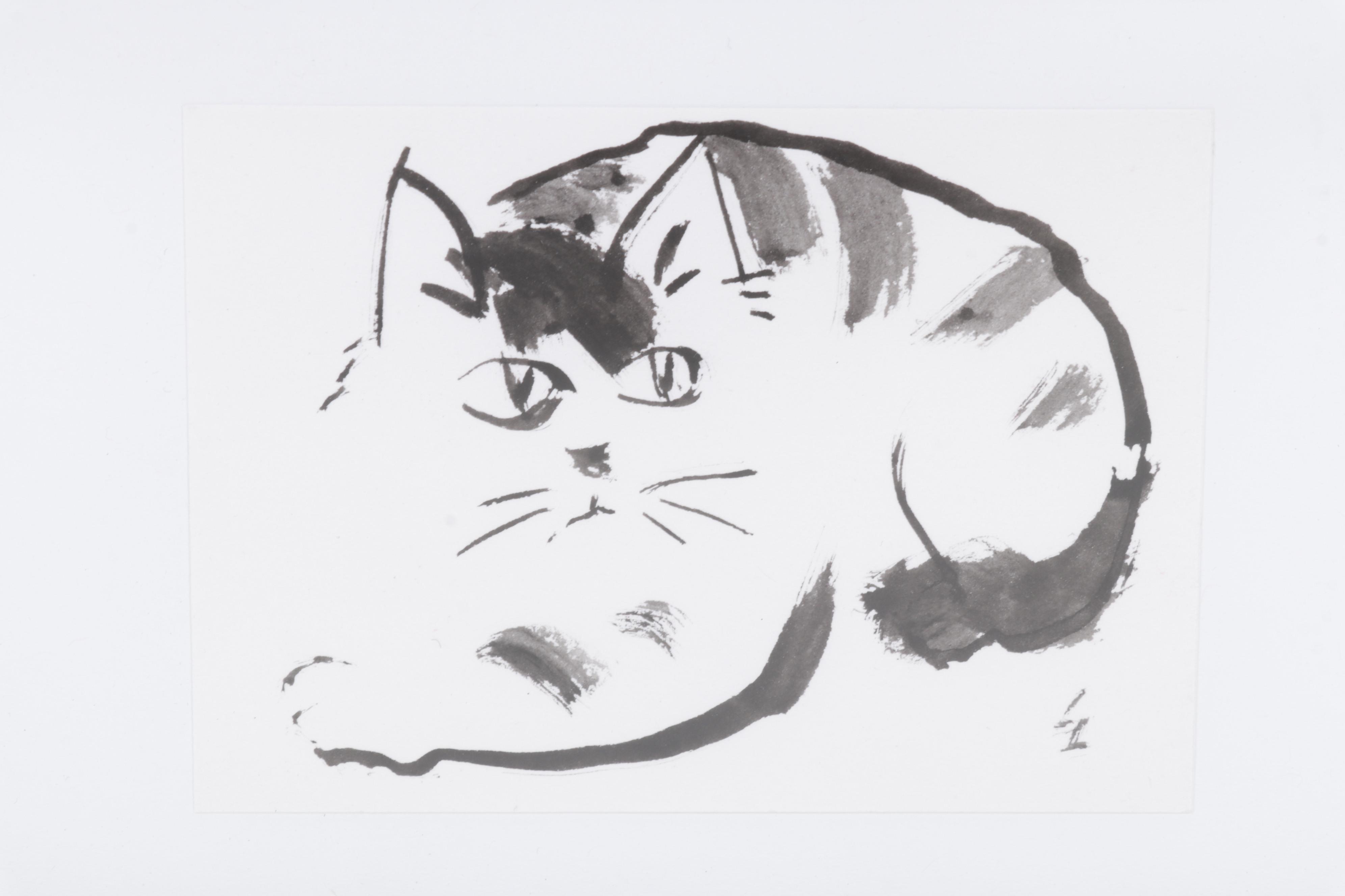 Folk Art Ink Wash Painting of Cats, 21st Century