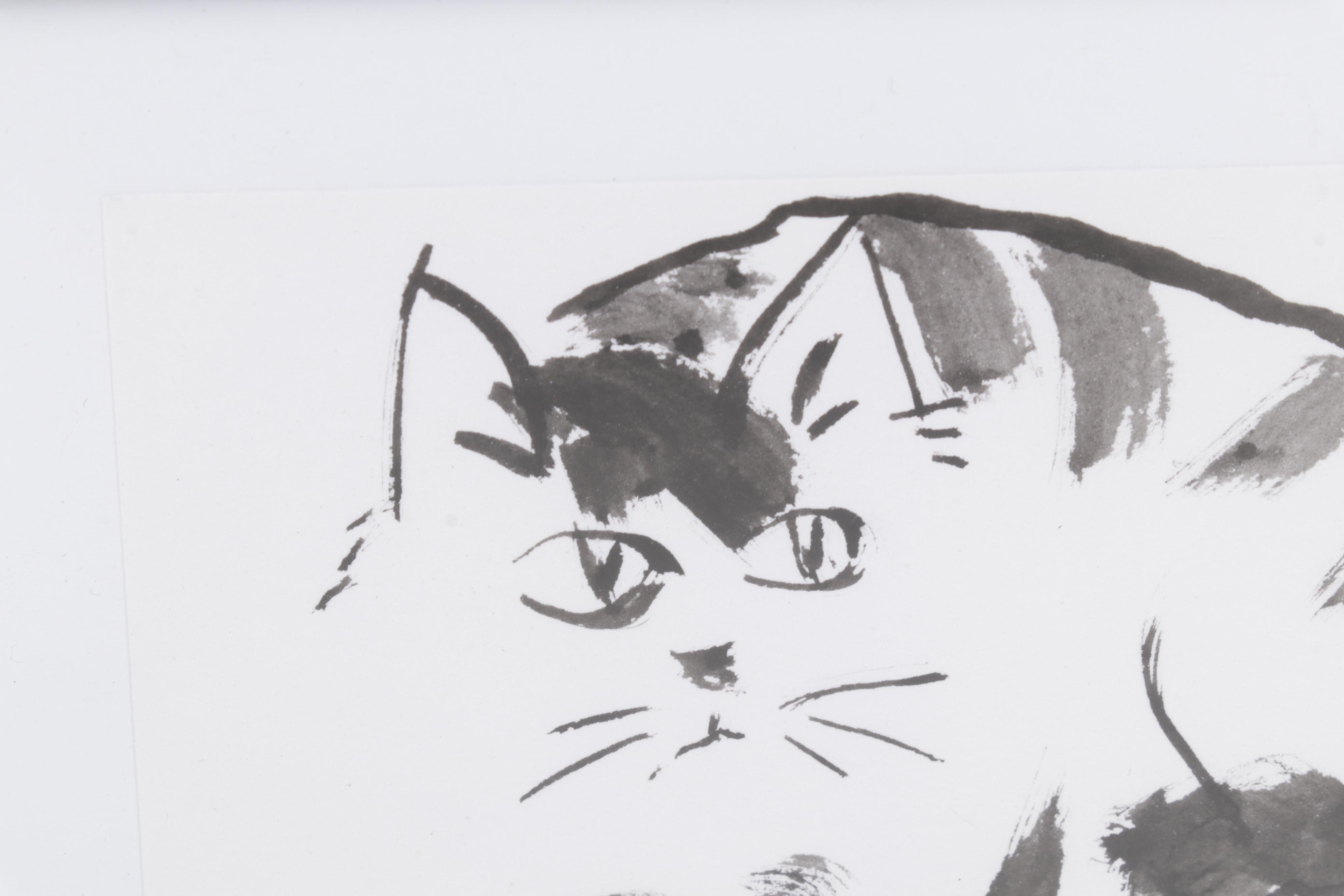 Folk Art Ink Wash Painting of Cats, 21st Century
