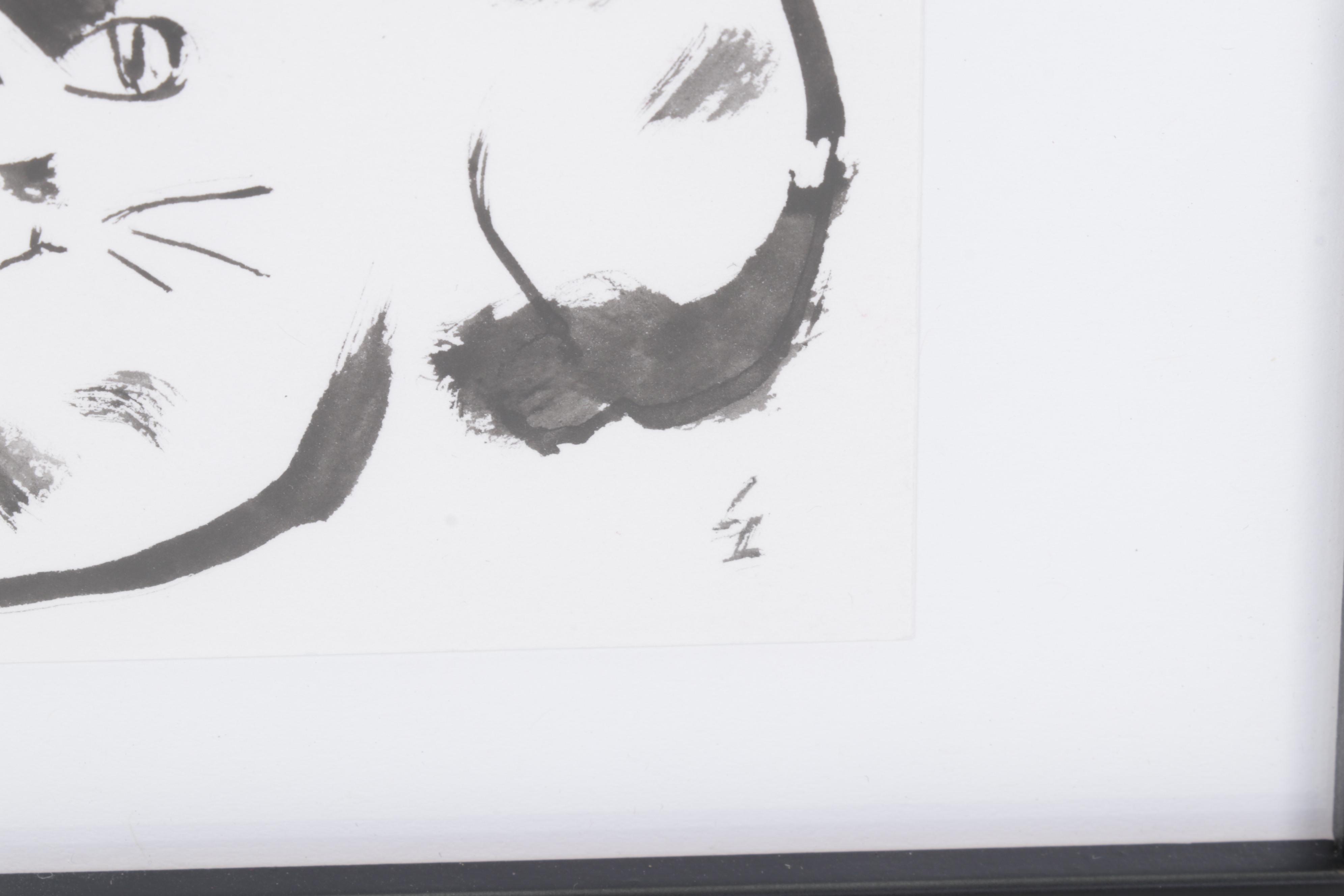 Folk Art Ink Wash Painting of Cats, 21st Century