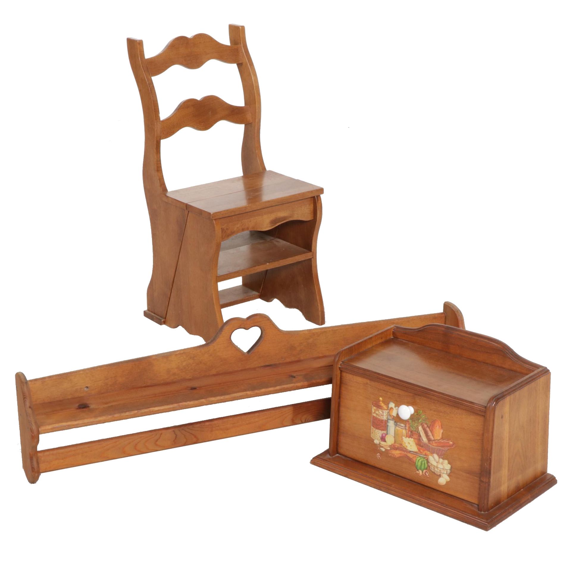 American Primitive Style Pine Shelf Rack, Breadbox and Metamorphic Step Chair