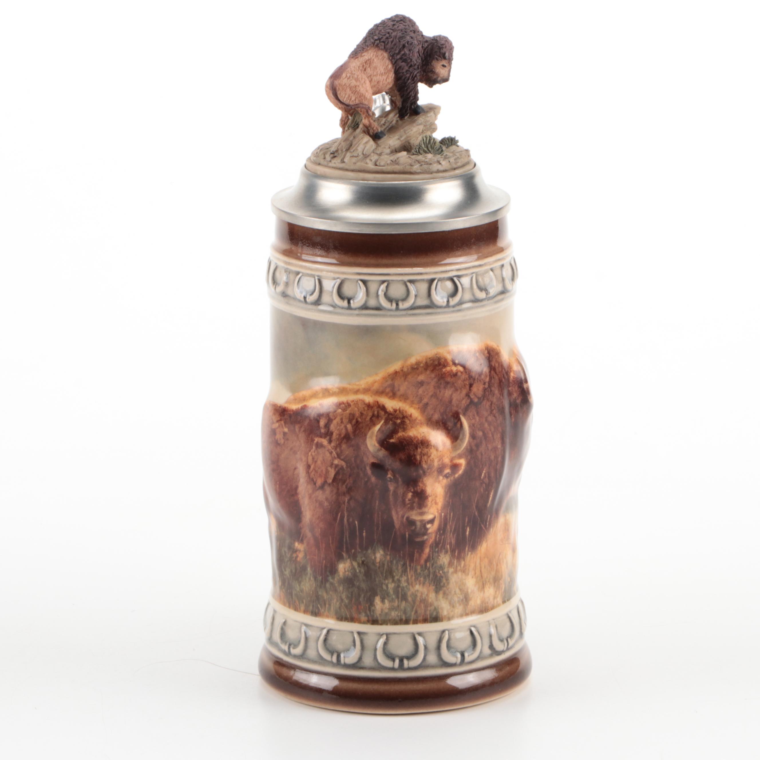 Gerz Limited Edition "Buffalo" Glazed Stoneware and Pewter Beer Stein