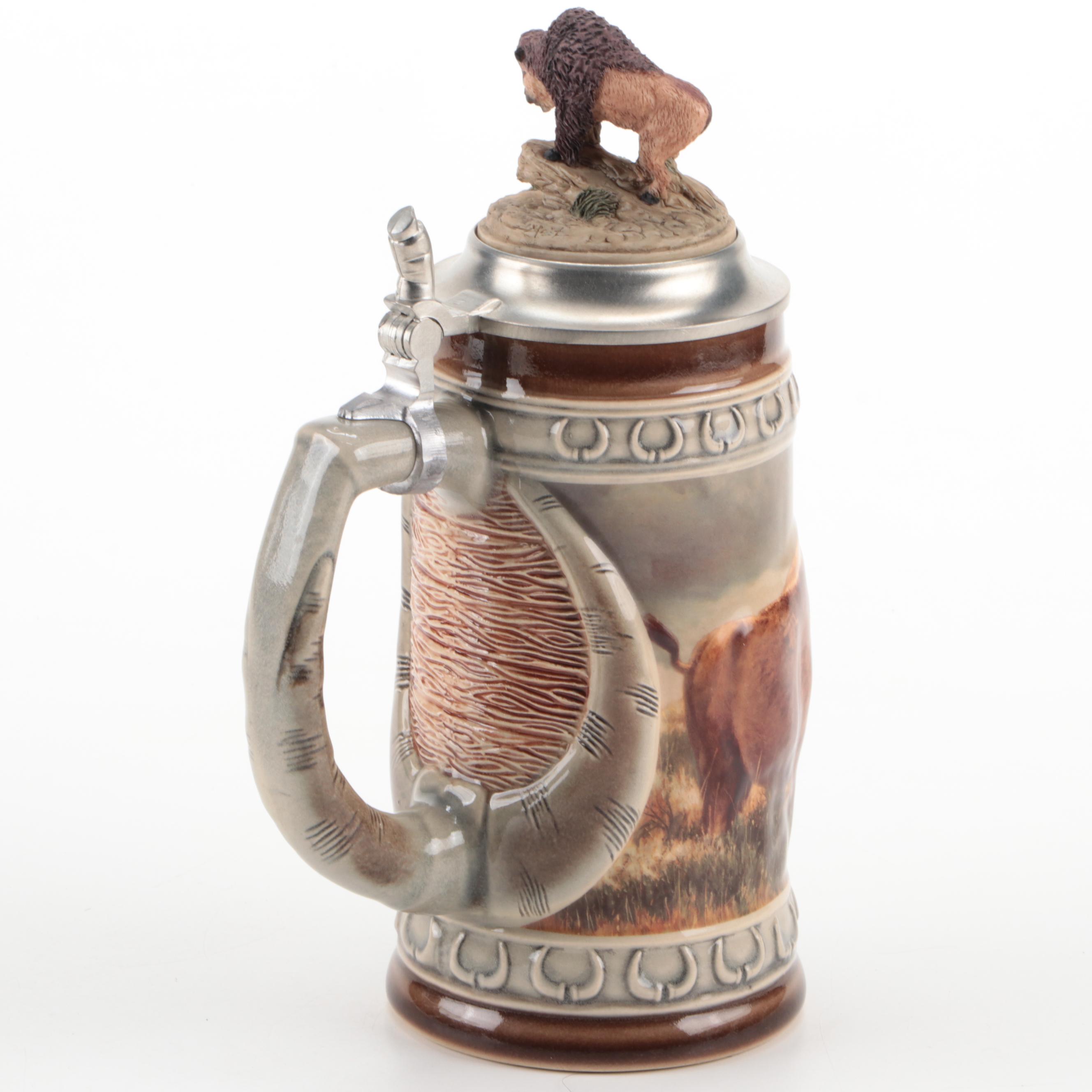 Gerz Limited Edition "Buffalo" Glazed Stoneware and Pewter Beer Stein