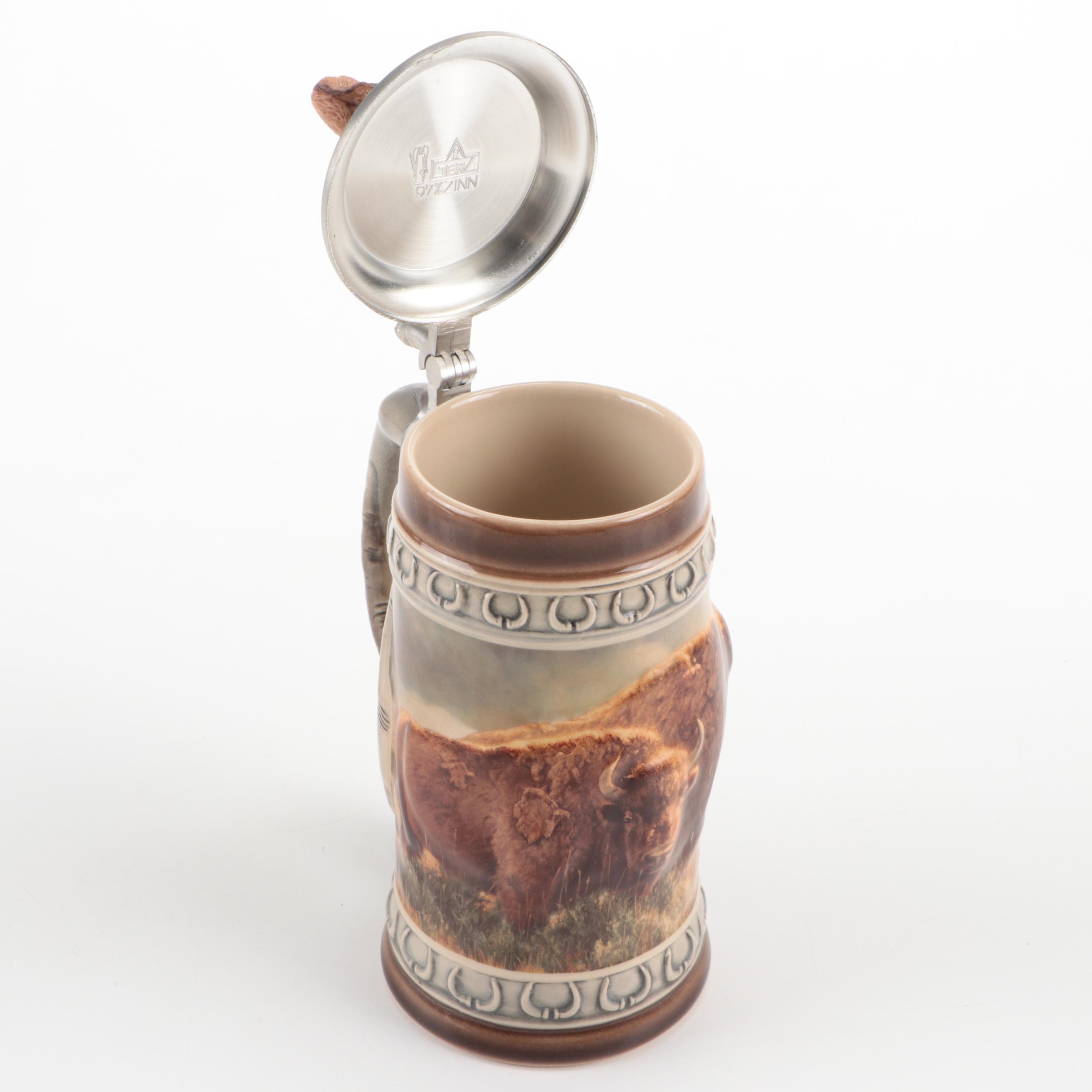 Gerz Limited Edition "Buffalo" Glazed Stoneware and Pewter Beer Stein