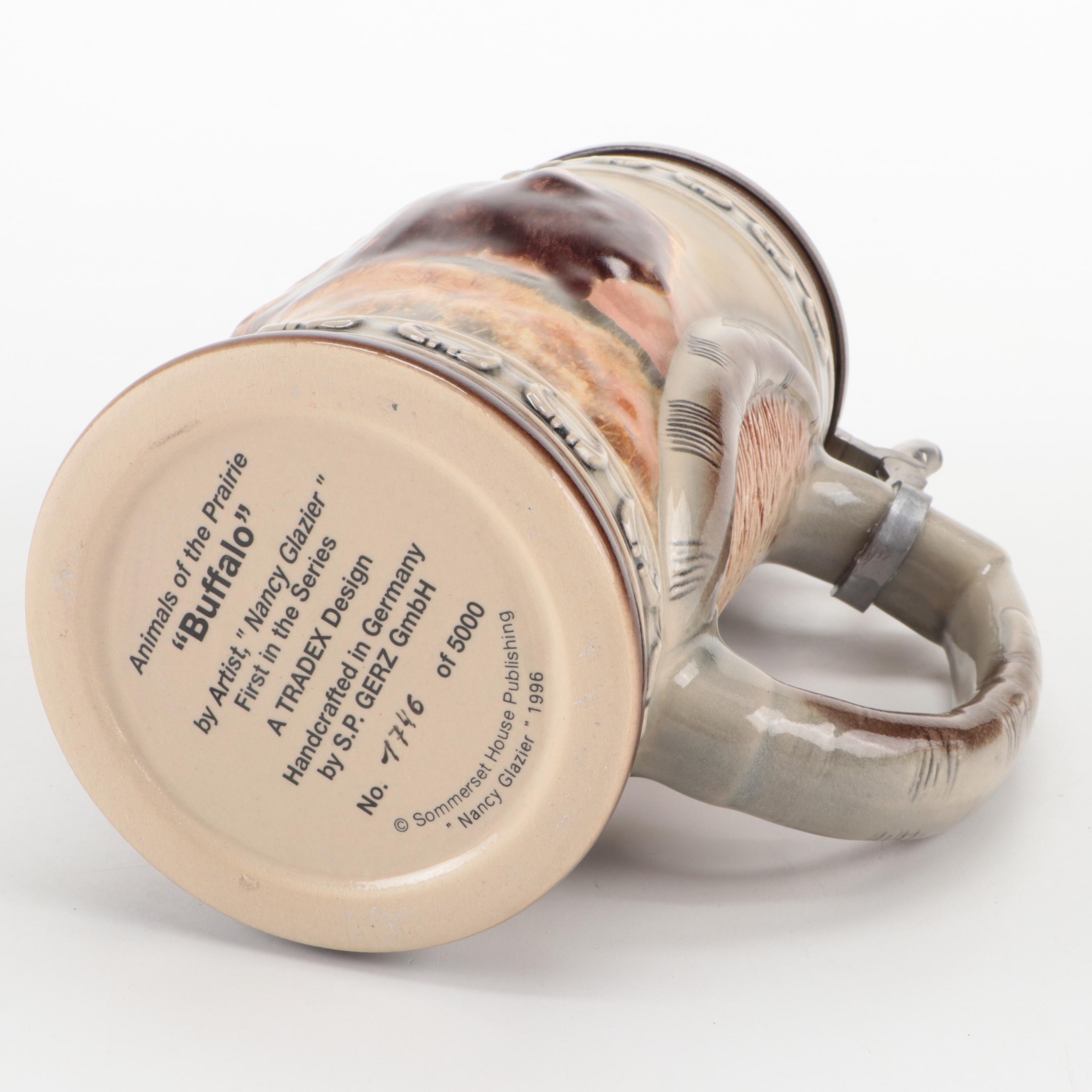 Gerz Limited Edition "Buffalo" Glazed Stoneware and Pewter Beer Stein