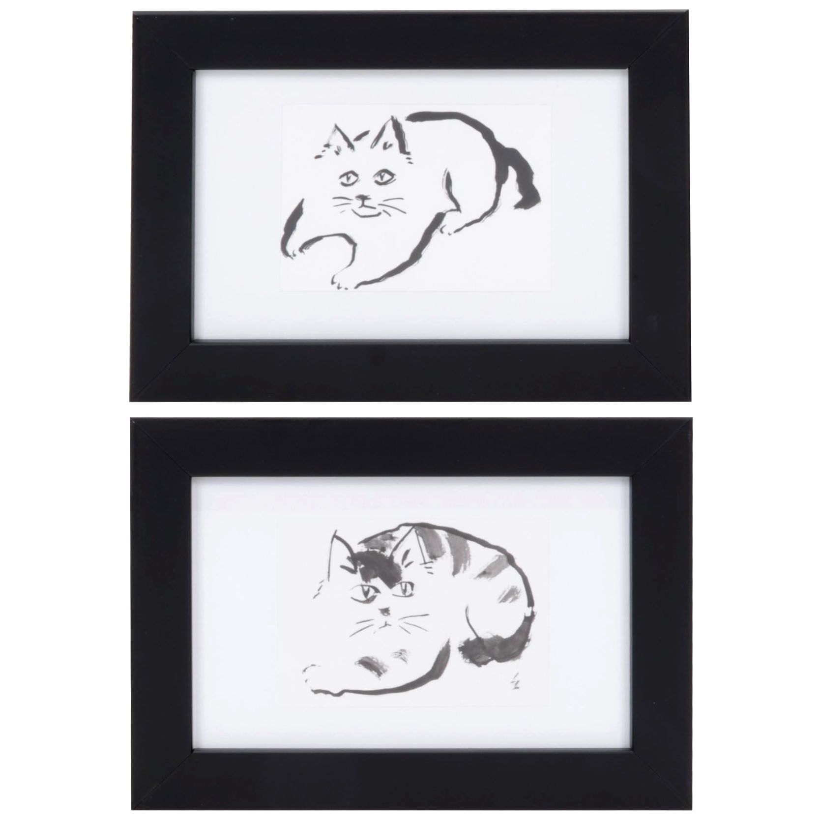Folk Art Ink Wash Painting of Cats, 21st Century