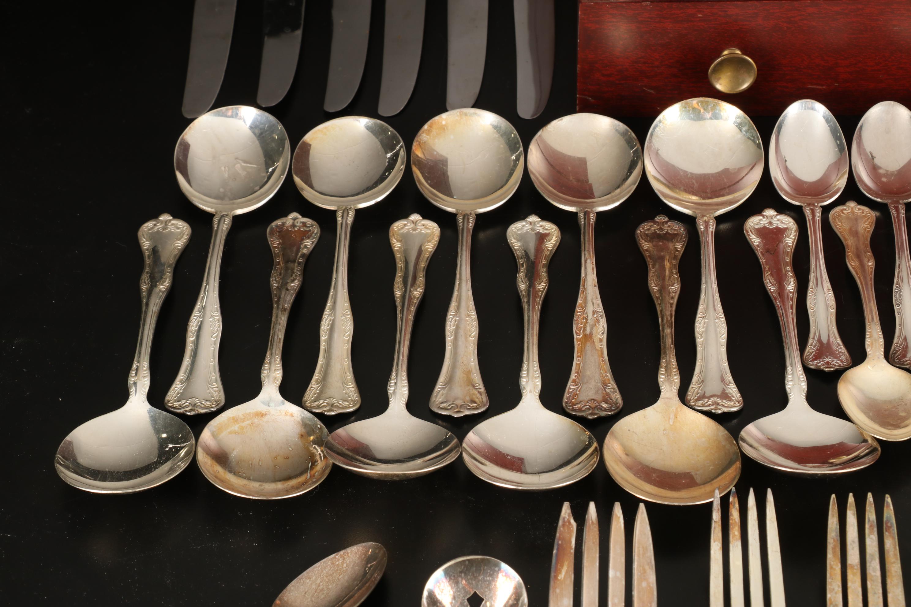 National Silver Co. Silver Plate "Queen Elizabeth" Flatware with Wooden Case