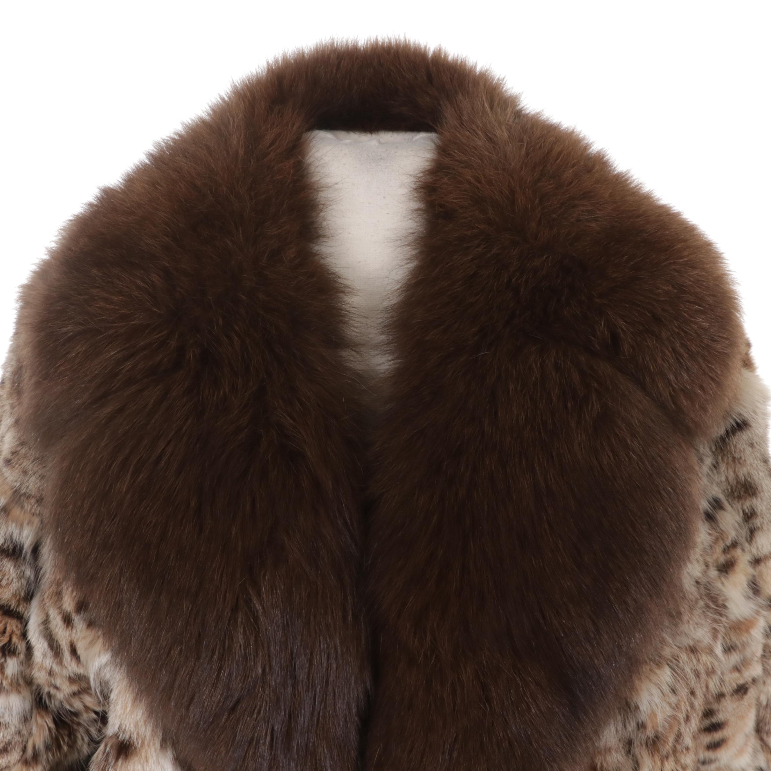 Oleg Cassini Bobcat Fur Coat with Brown Fox Fur Collar
