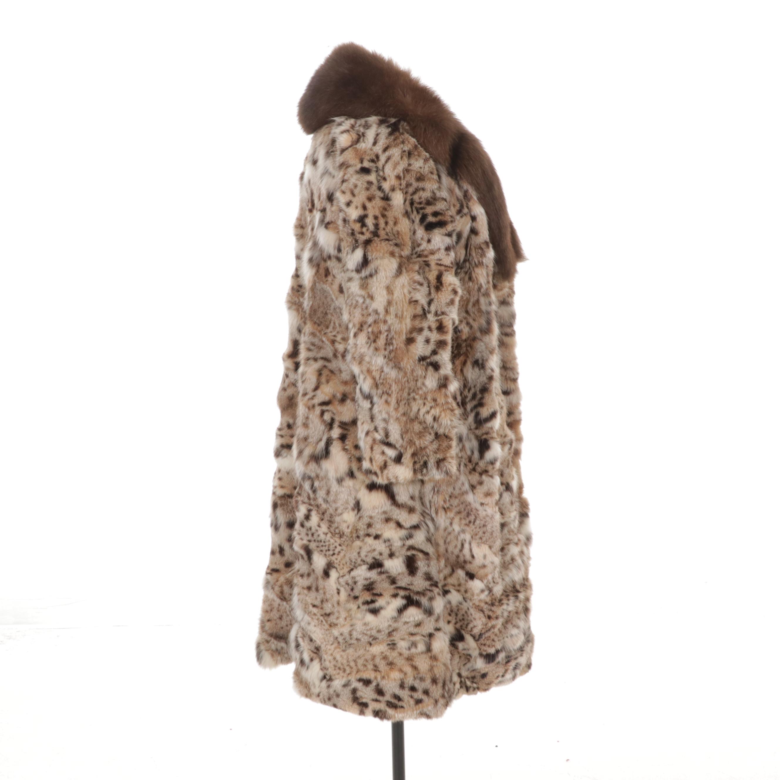Oleg Cassini Bobcat Fur Coat with Brown Fox Fur Collar