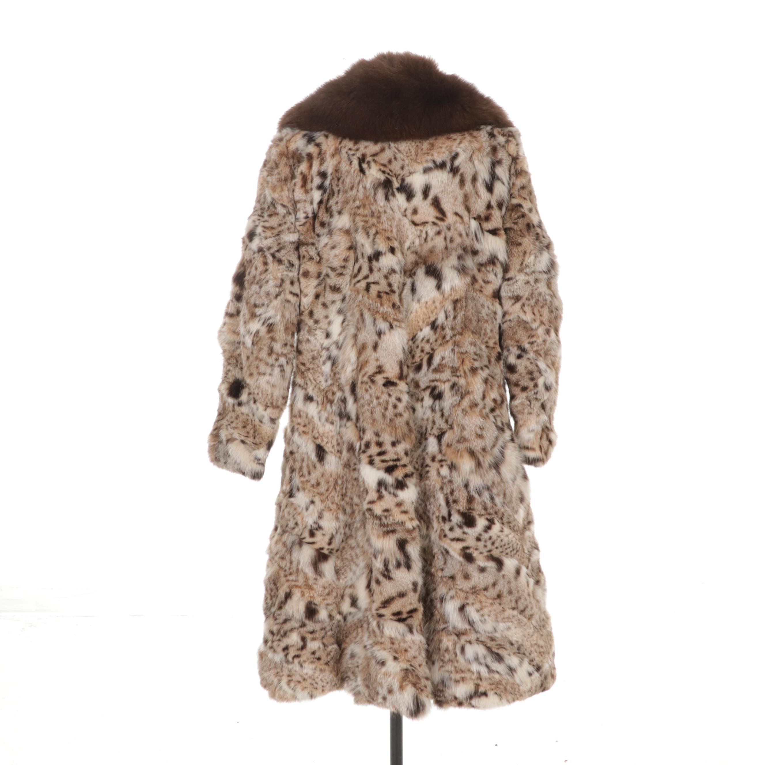 Oleg Cassini Bobcat Fur Coat with Brown Fox Fur Collar