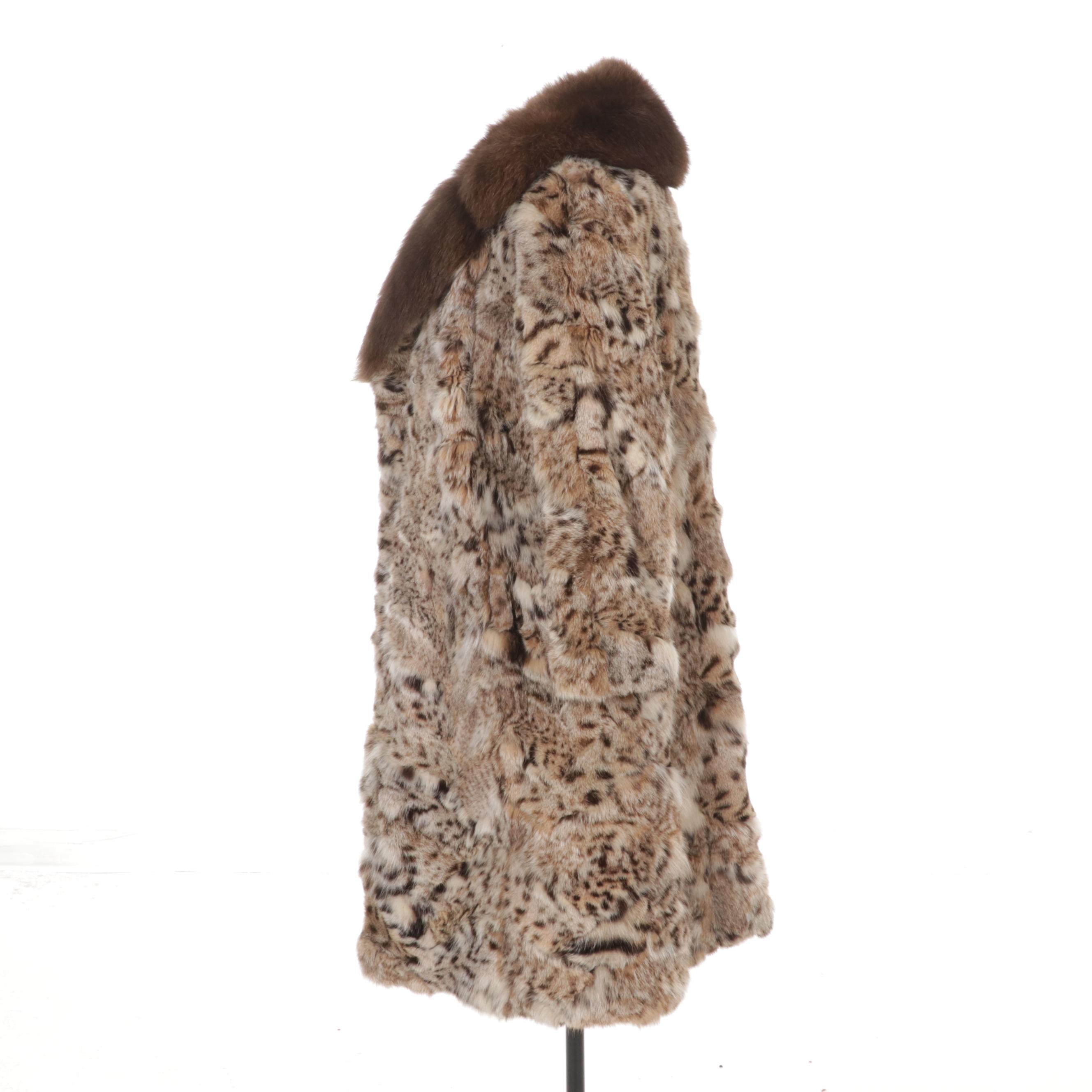 Oleg Cassini Bobcat Fur Coat with Brown Fox Fur Collar