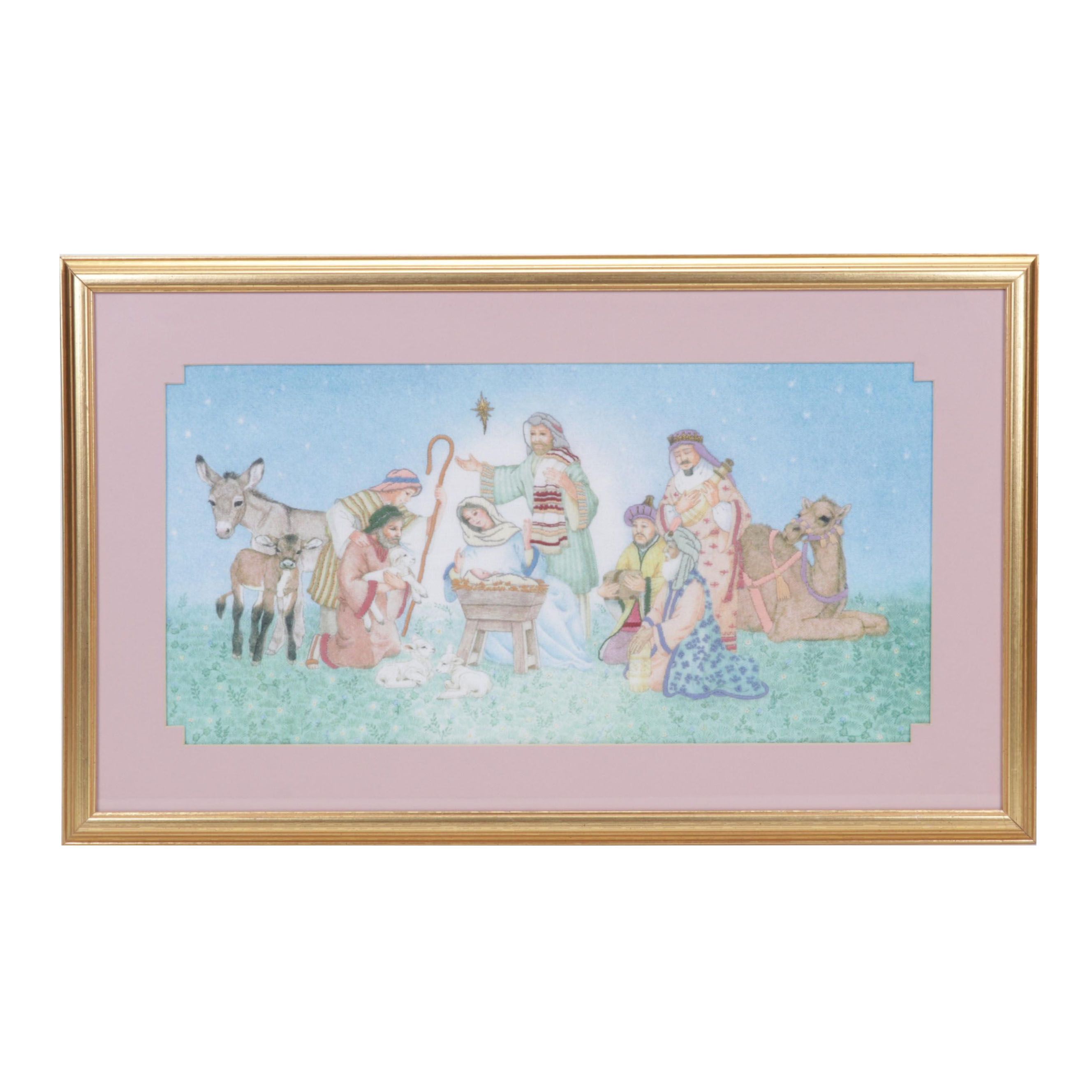Nativity Scene Printed and Hand-Embroidered Textile Panel