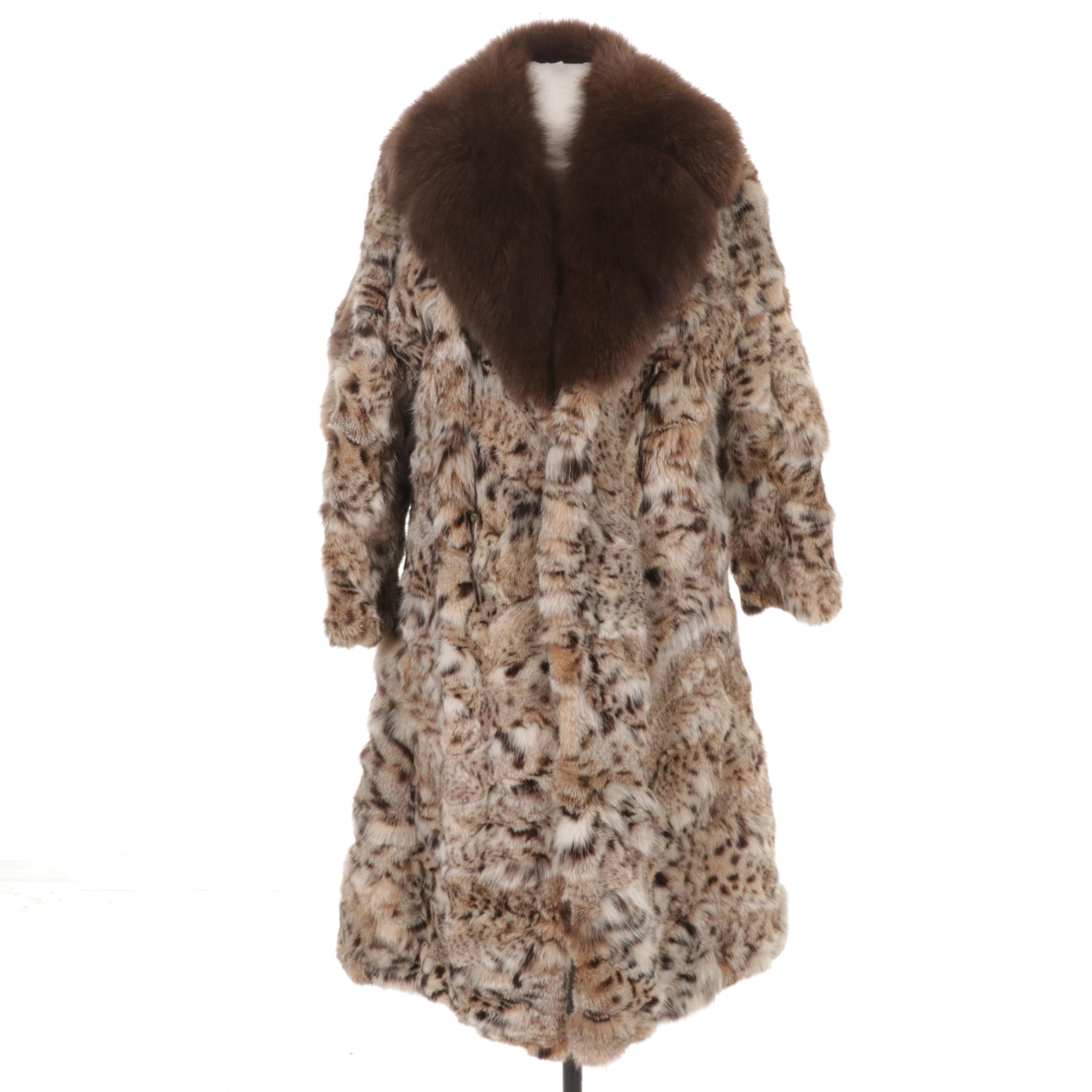 Oleg Cassini Bobcat Fur Coat with Brown Fox Fur Collar
