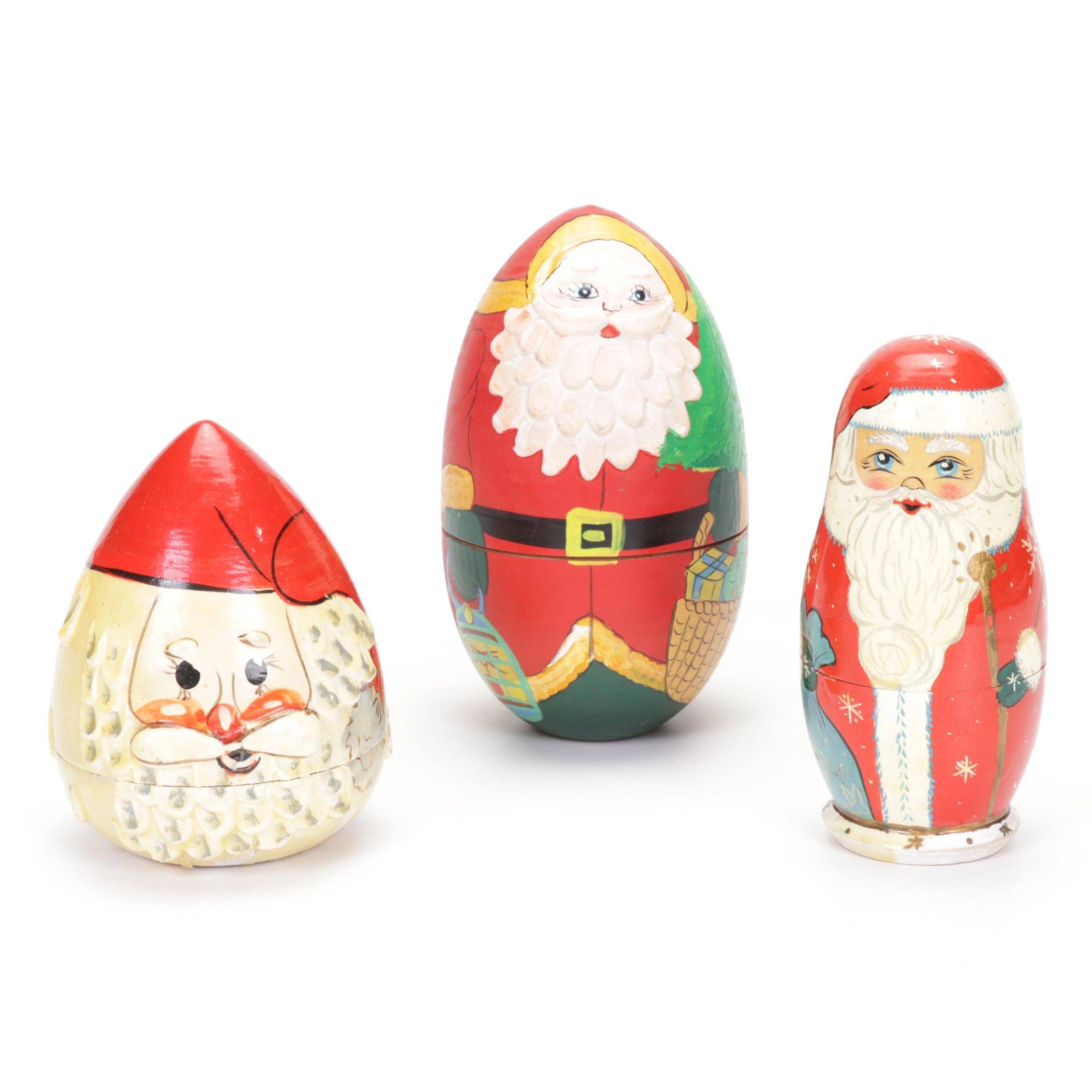 Three Sets of Russian Wooden Santa Nesting Dolls