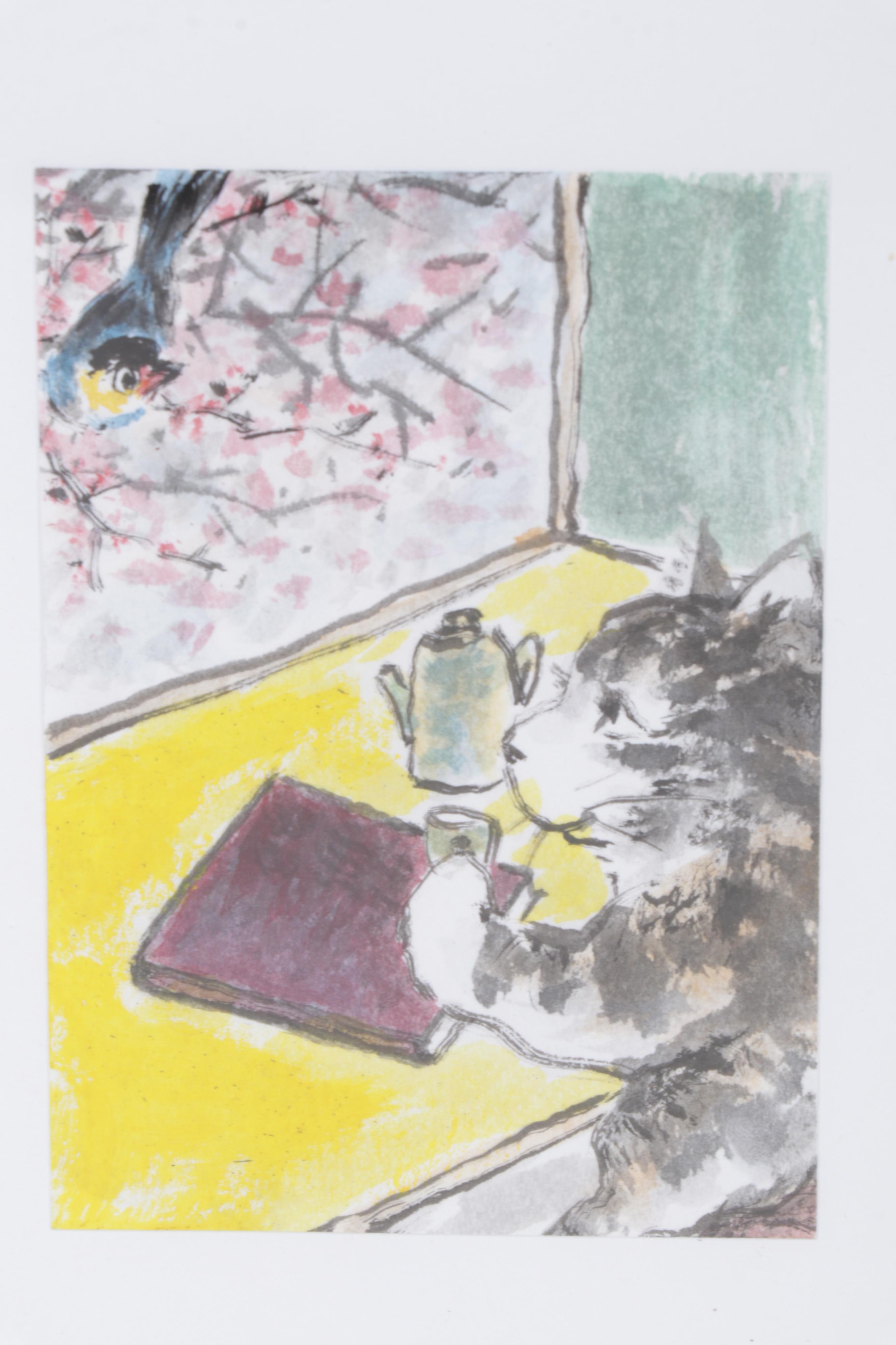 Folk Art Watercolor and Ink Wash Paintings of Cats, 21st Century