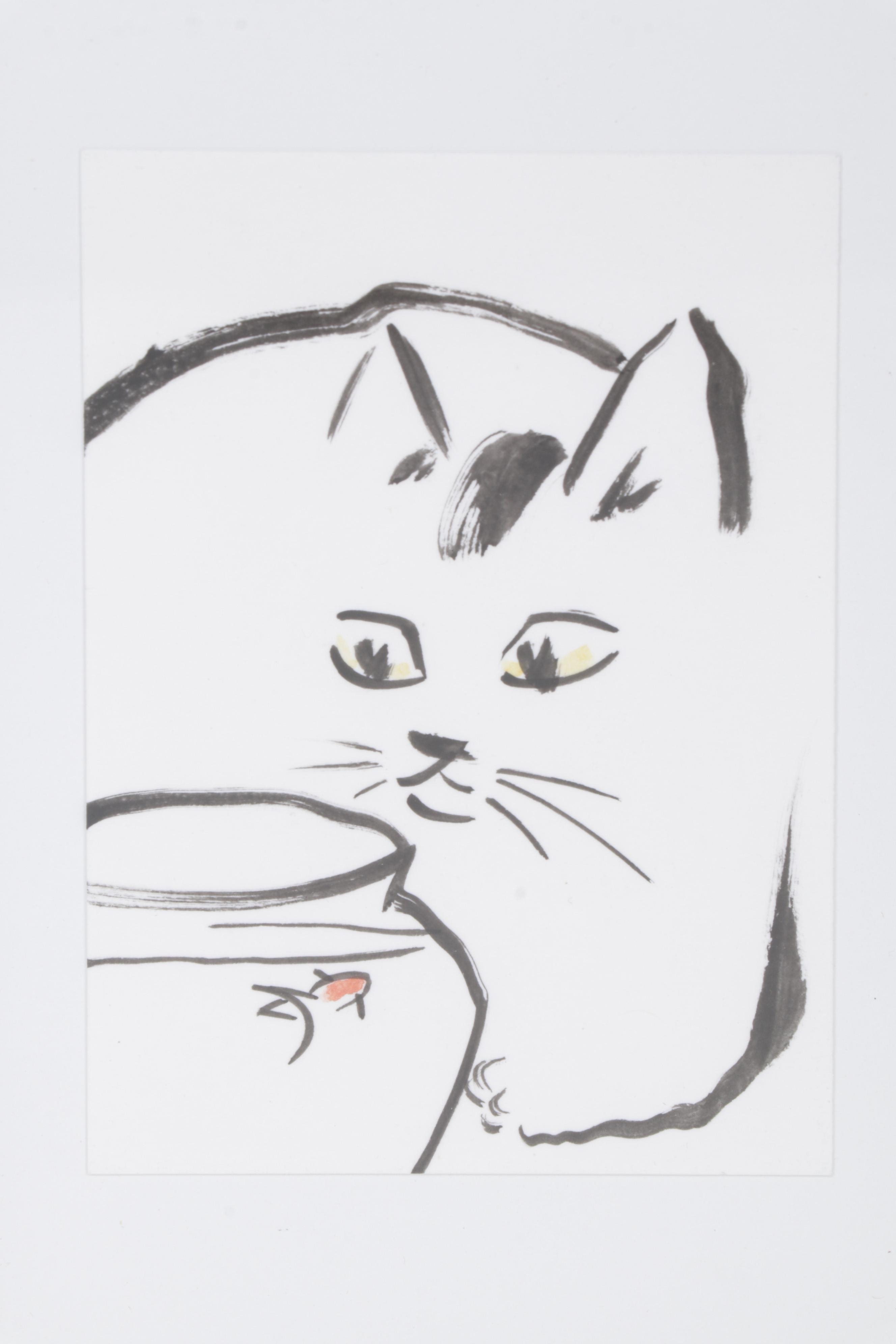 Folk Art Watercolor and Ink Wash Paintings of Cats, 21st Century