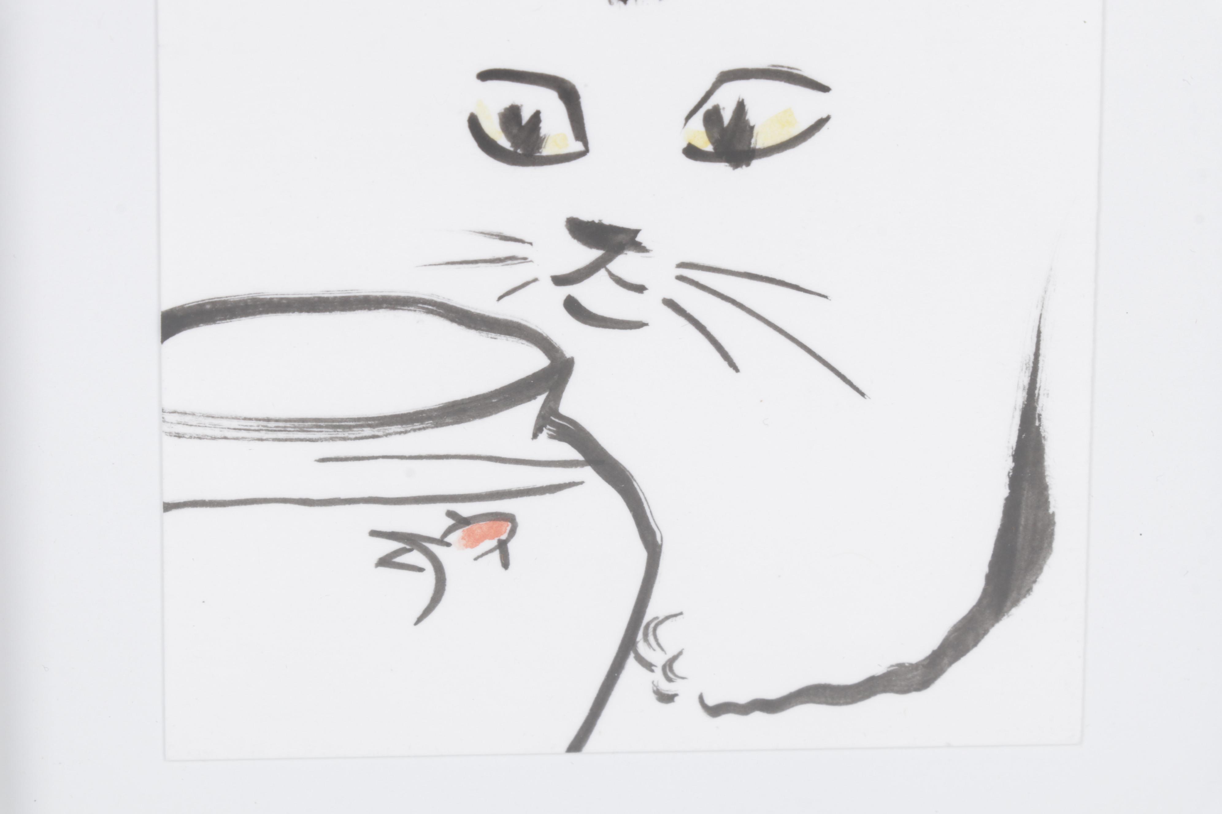 Folk Art Watercolor and Ink Wash Paintings of Cats, 21st Century