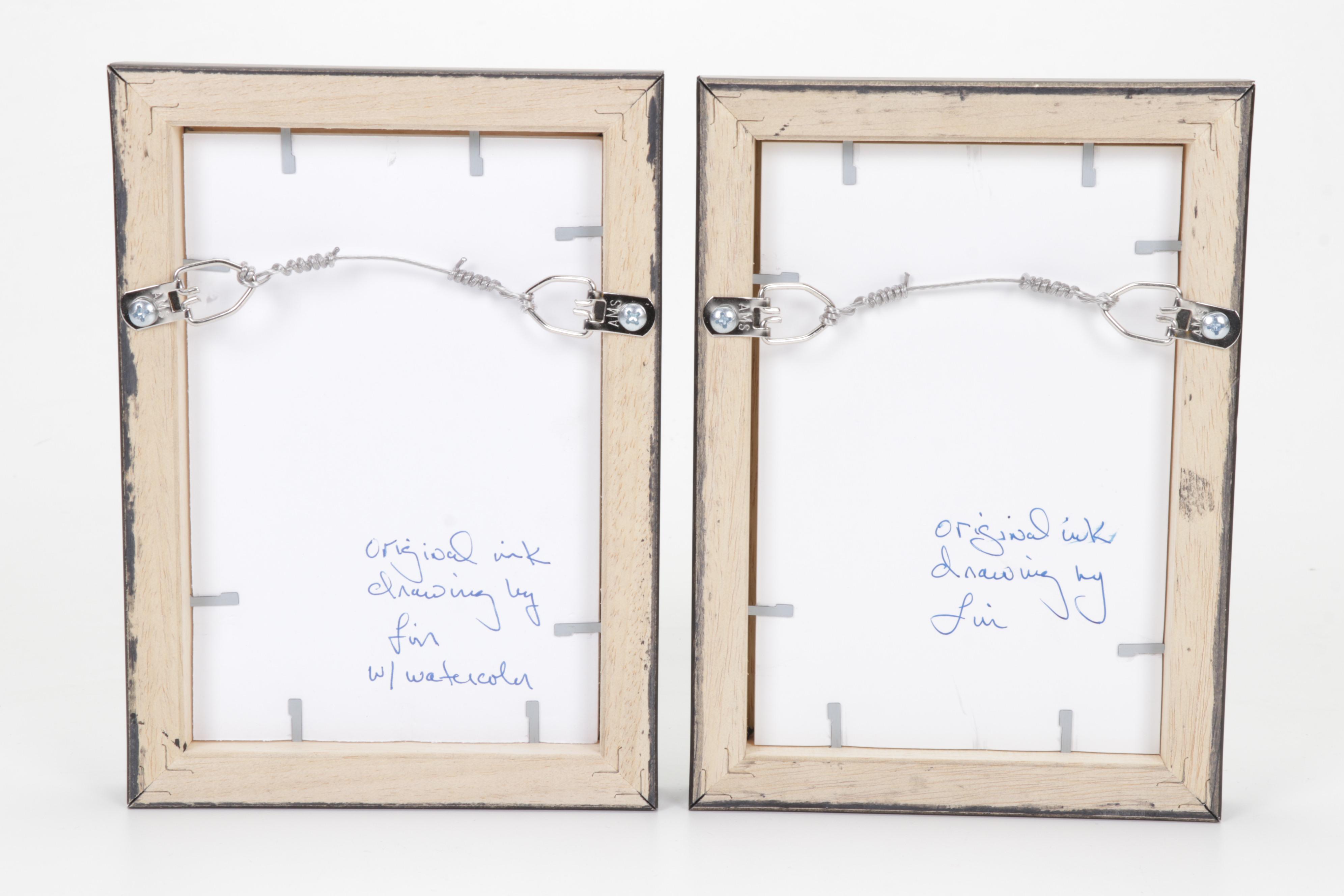 Folk Art Watercolor and Ink Wash Paintings of Cats, 21st Century