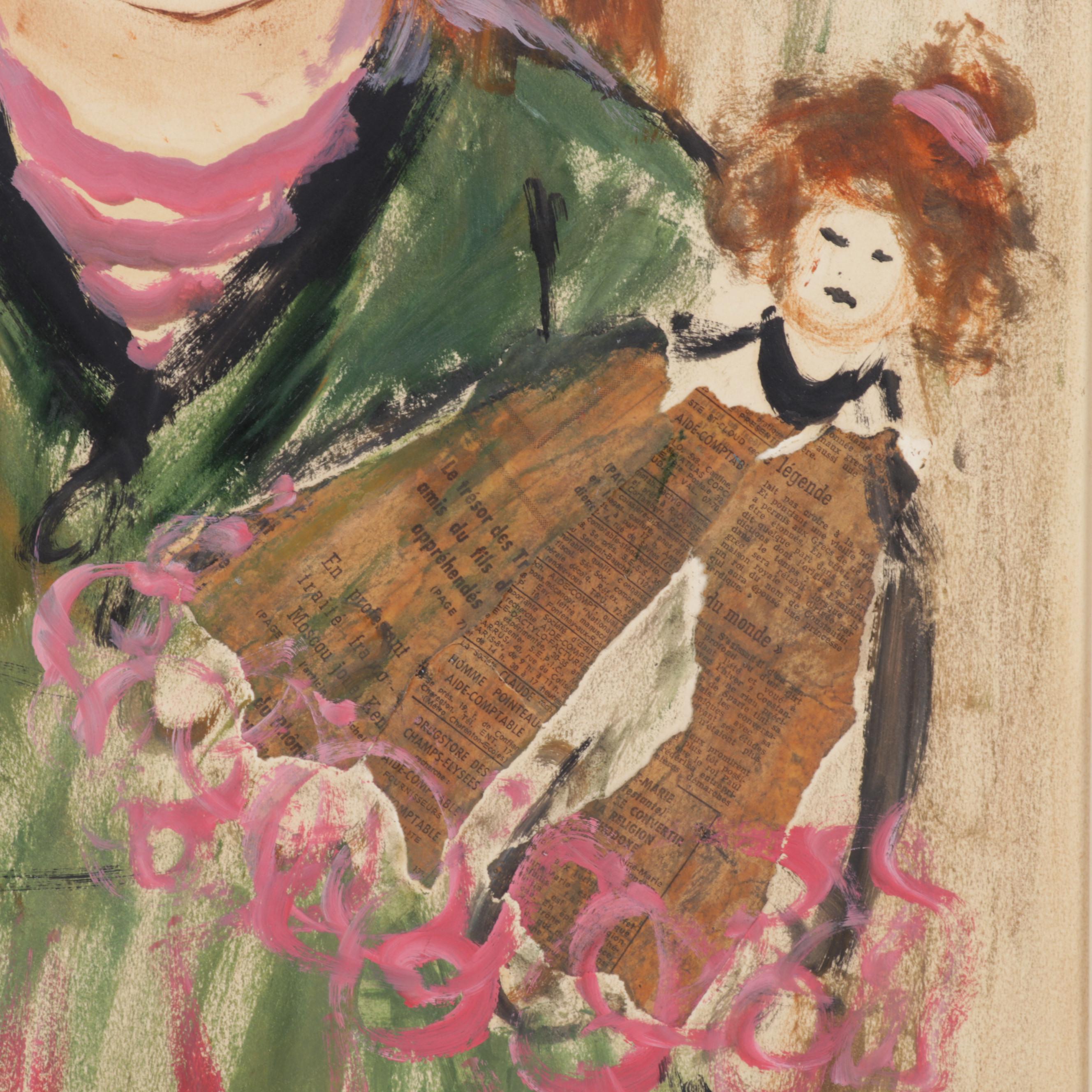 Roger Etienne Portrait Mixed Media Painting of Young Girl Holding Doll, 1962