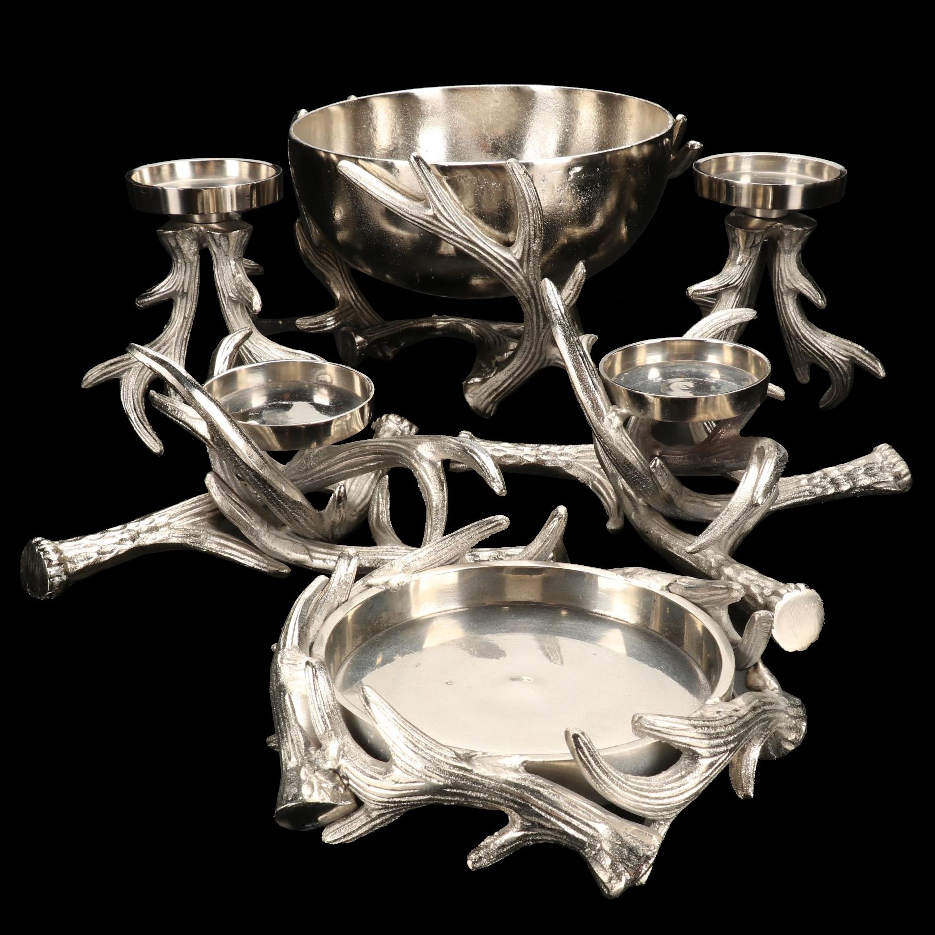 Metal Antler Candle Holders and Decorative Bowl with Antler Stand