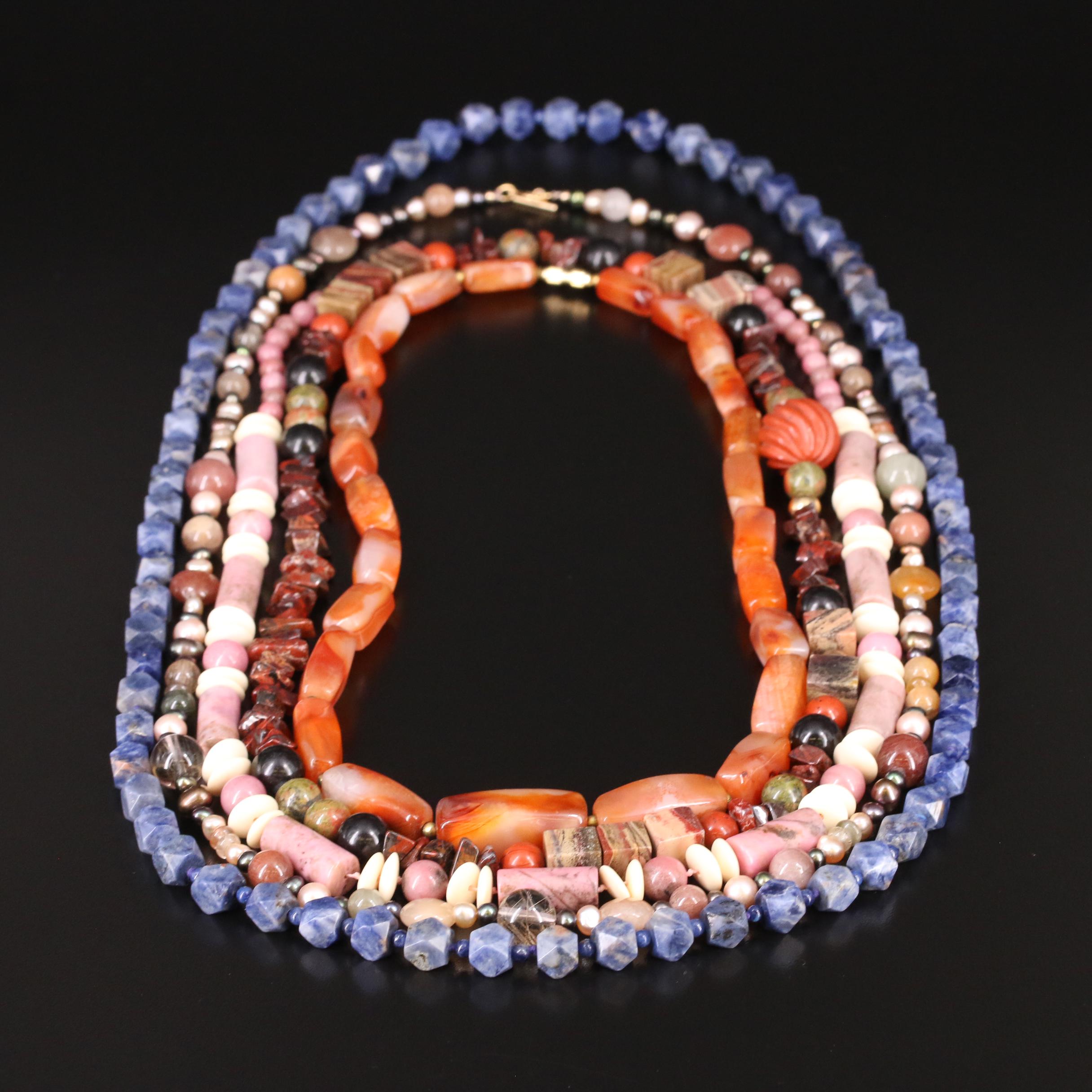 Necklace Grouping Including Agate, Bone and Pearl