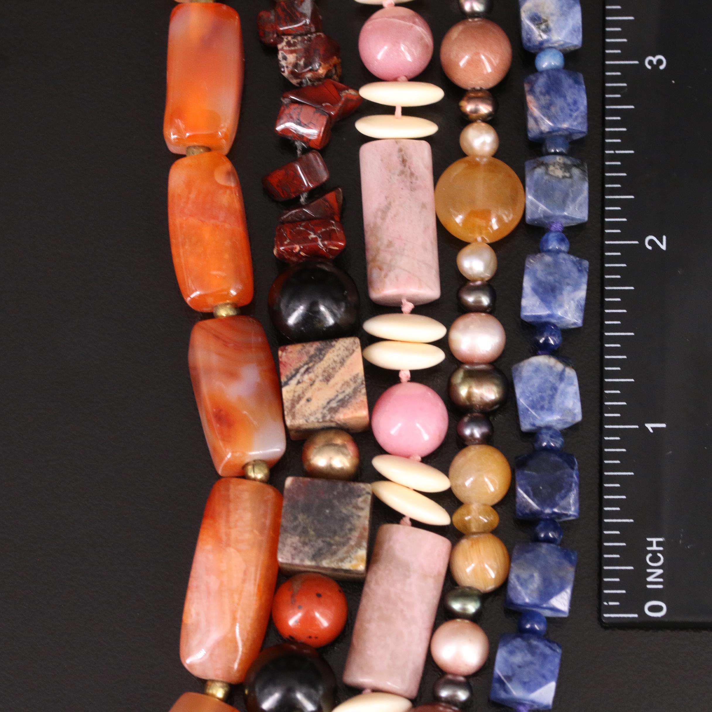 Necklace Grouping Including Agate, Bone and Pearl