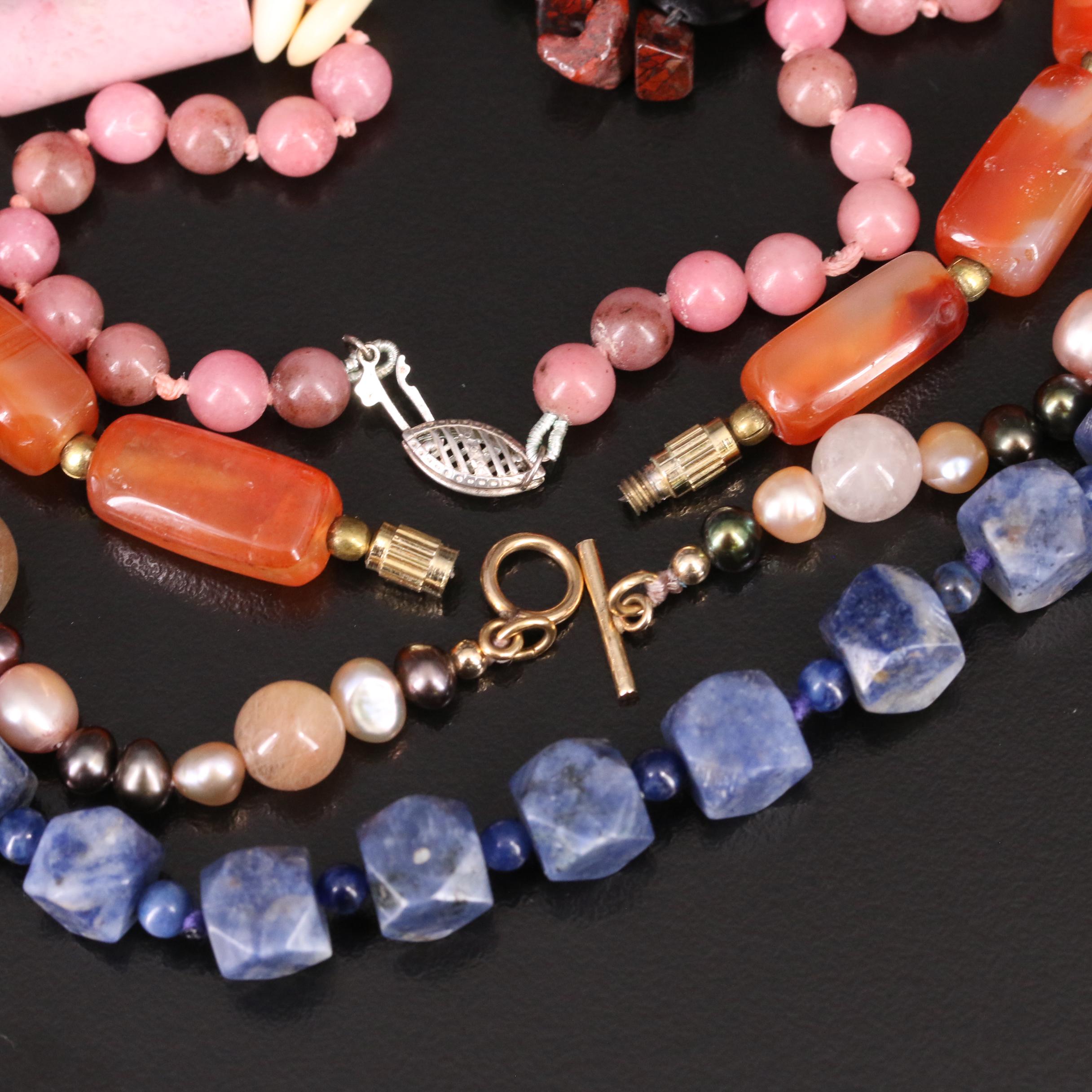 Necklace Grouping Including Agate, Bone and Pearl