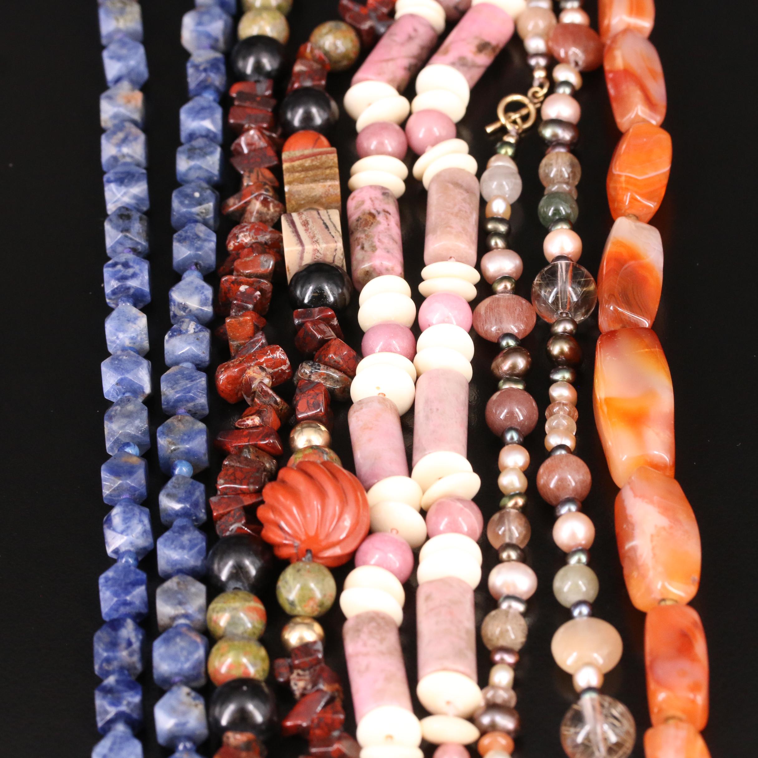 Necklace Grouping Including Agate, Bone and Pearl