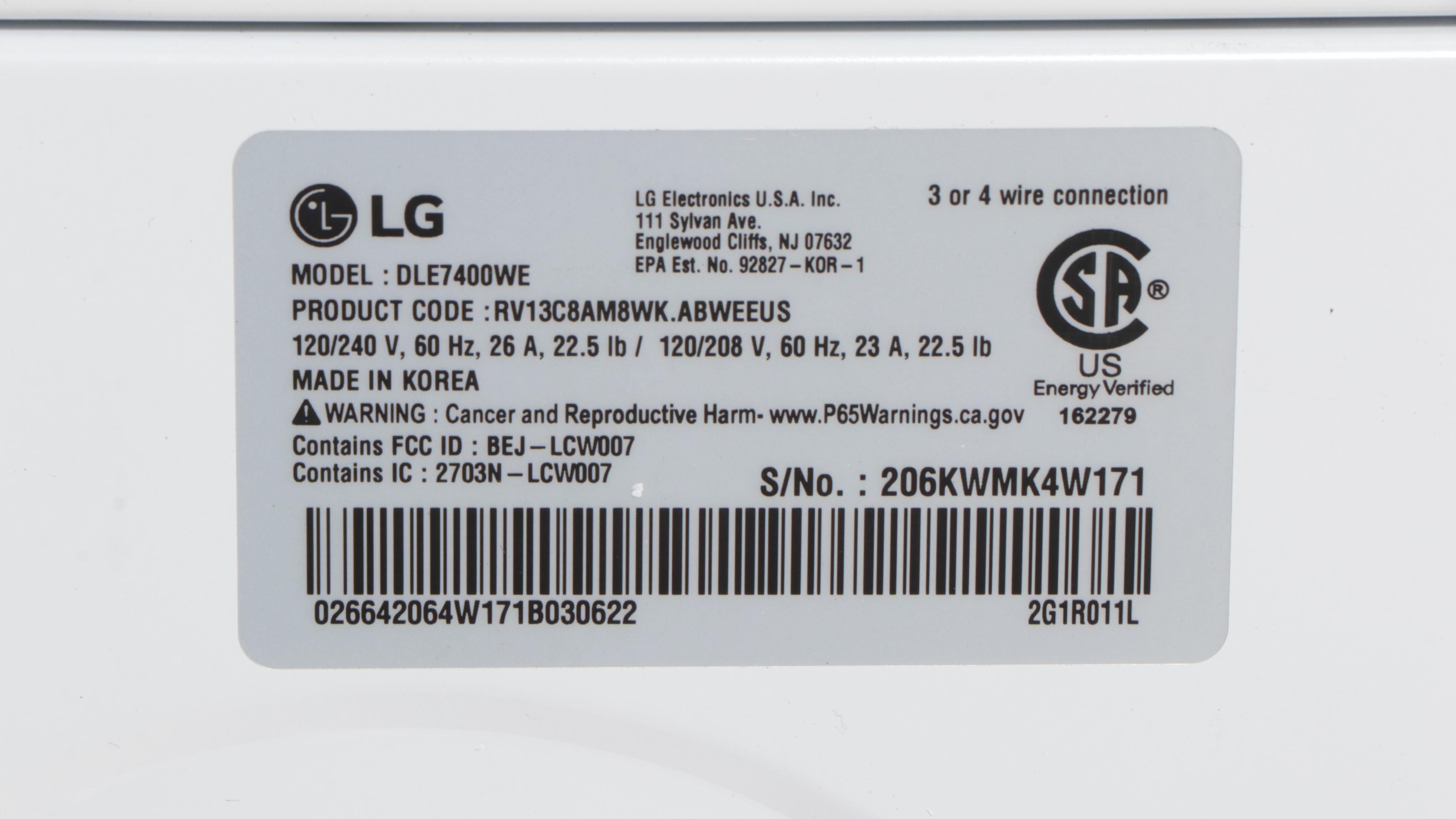 LG 7.3 Cu. Ft. White Ultra Large Capacity Wi-Fi Enabled Rear Control Dryer