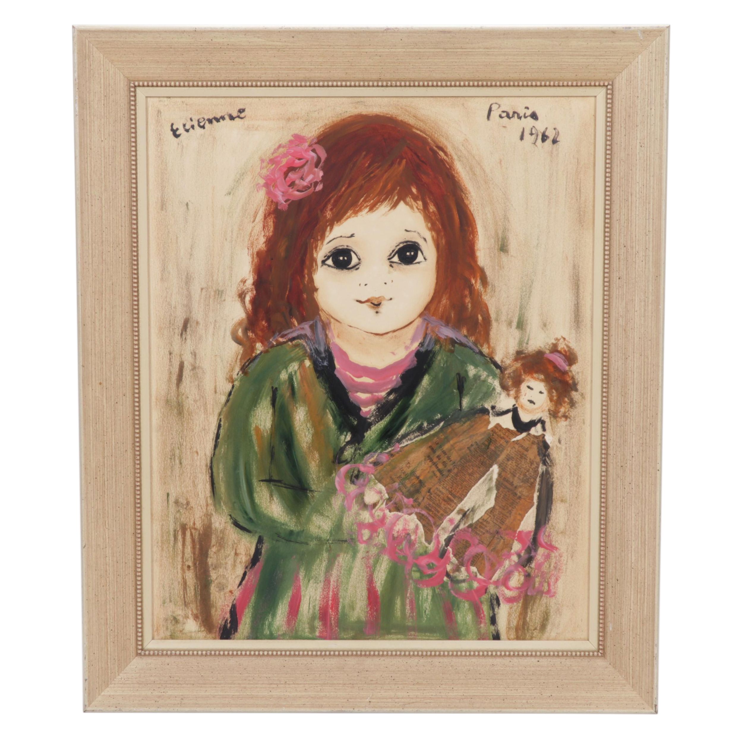 Roger Etienne Portrait Mixed Media Painting of Young Girl Holding Doll, 1962