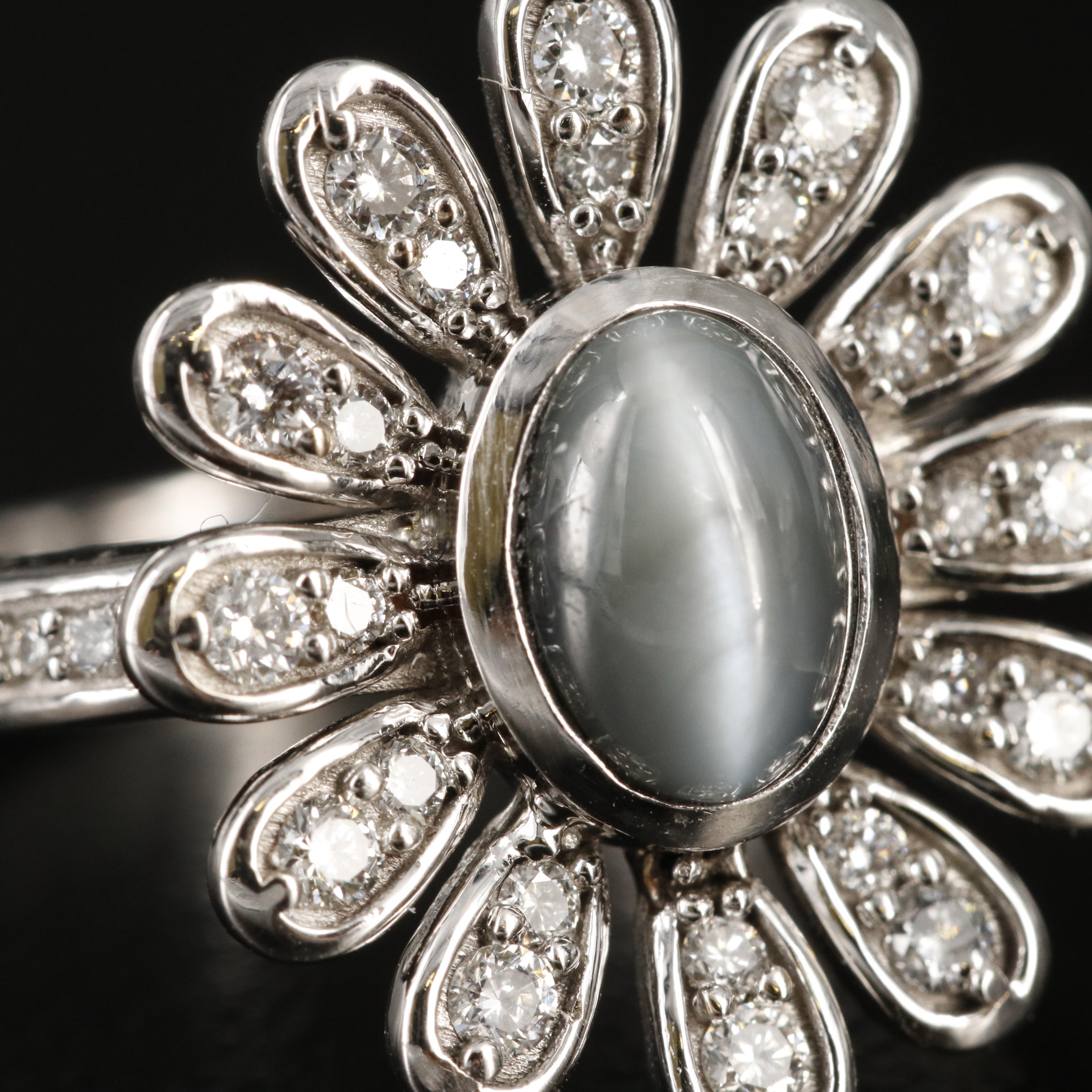 Chromia Jewelry 18K Cat's Eye Chrysoberyl and Diamond Flower Ring