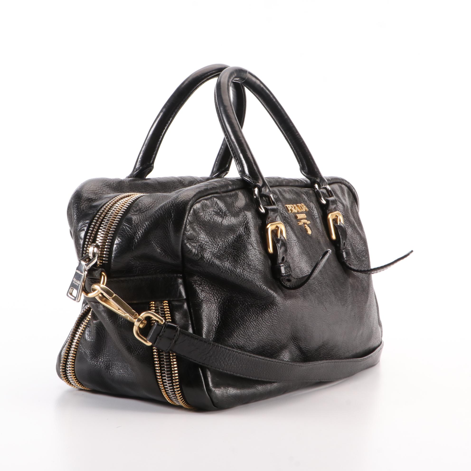 Prada Vitello Daino Satchel in Black Grained Leather