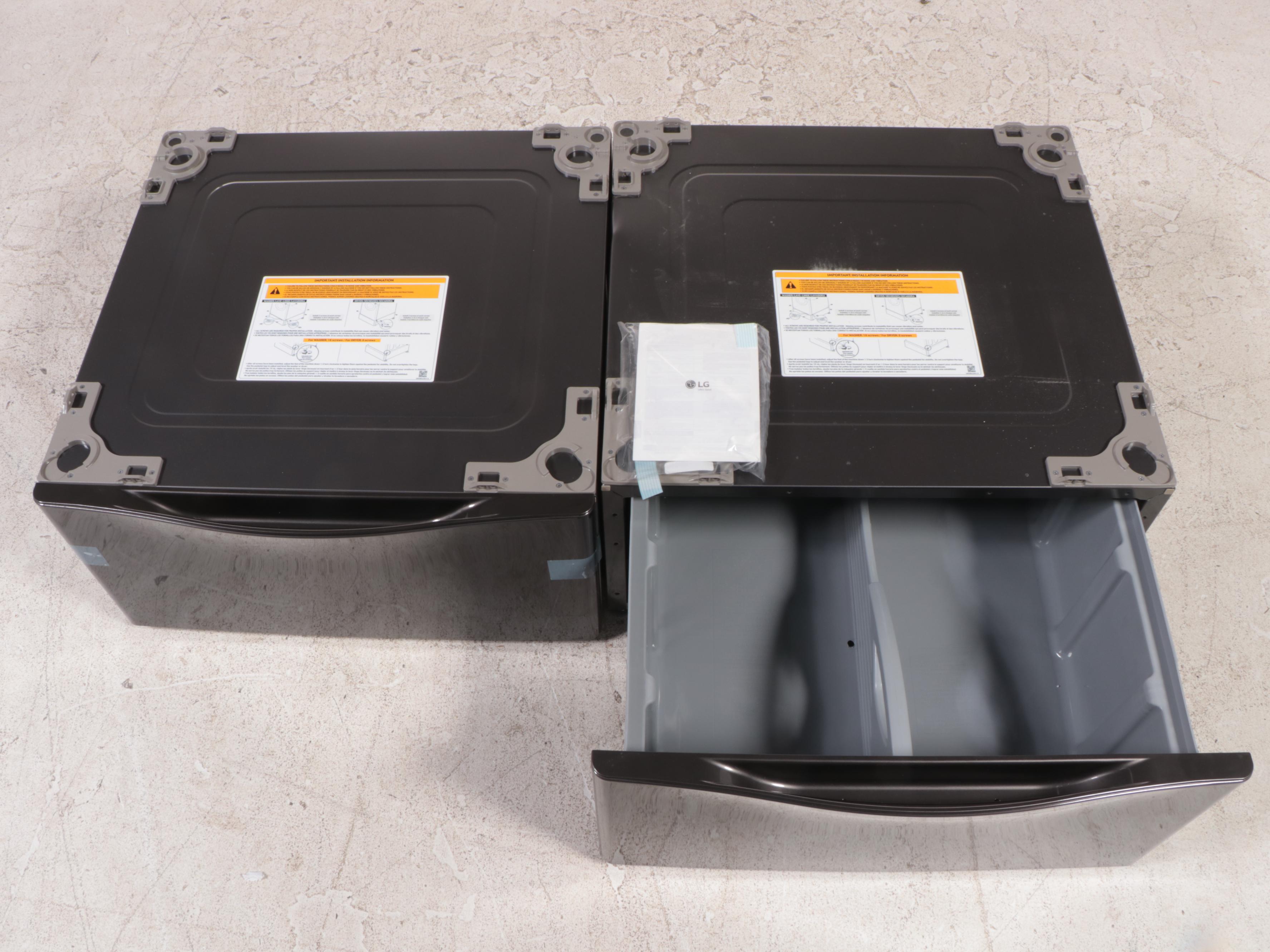 Two LG Black Steel Laundry Pedestals With Storage Drawer