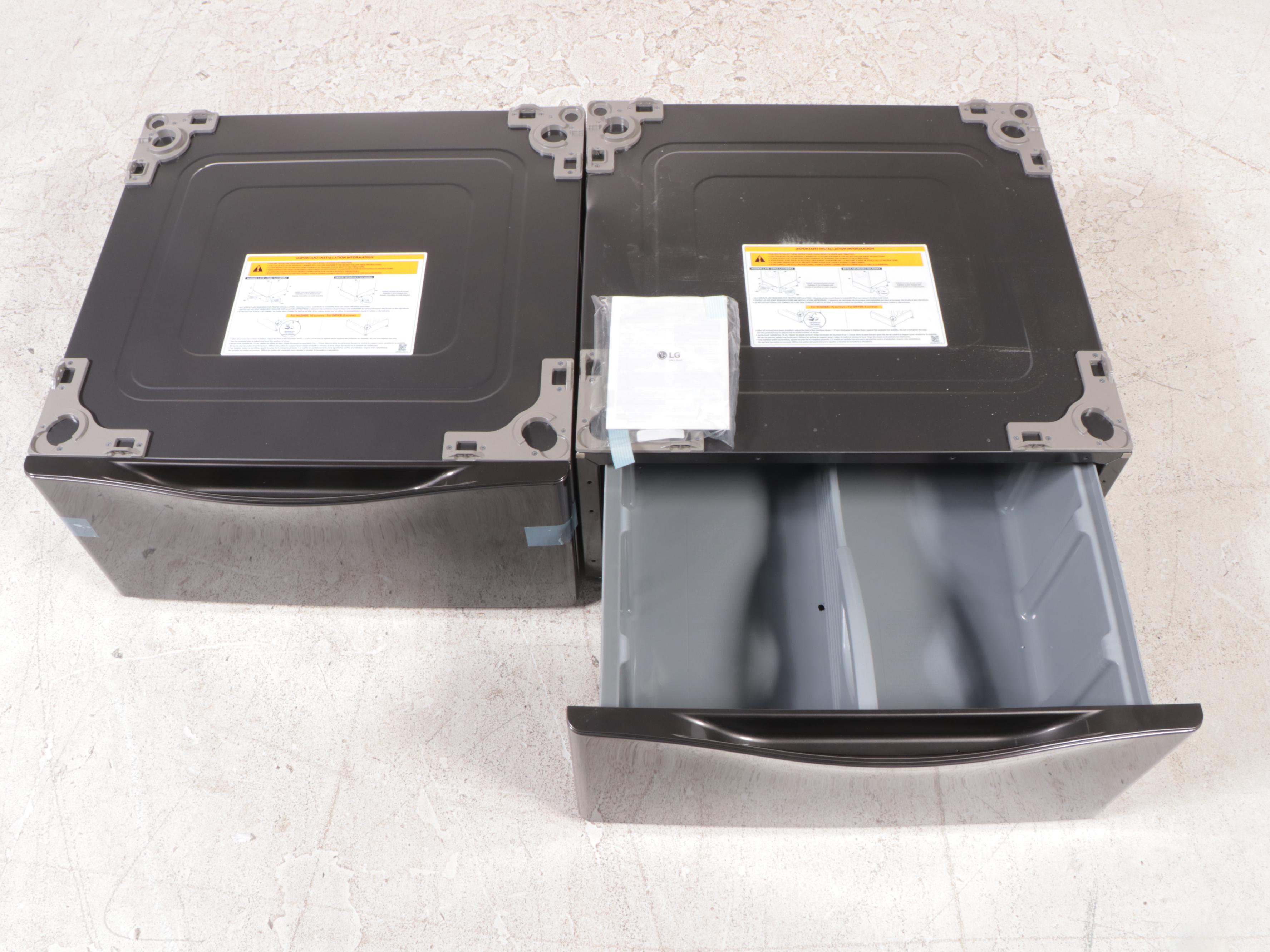 Two LG Black Steel Laundry Pedestals With Storage Drawer