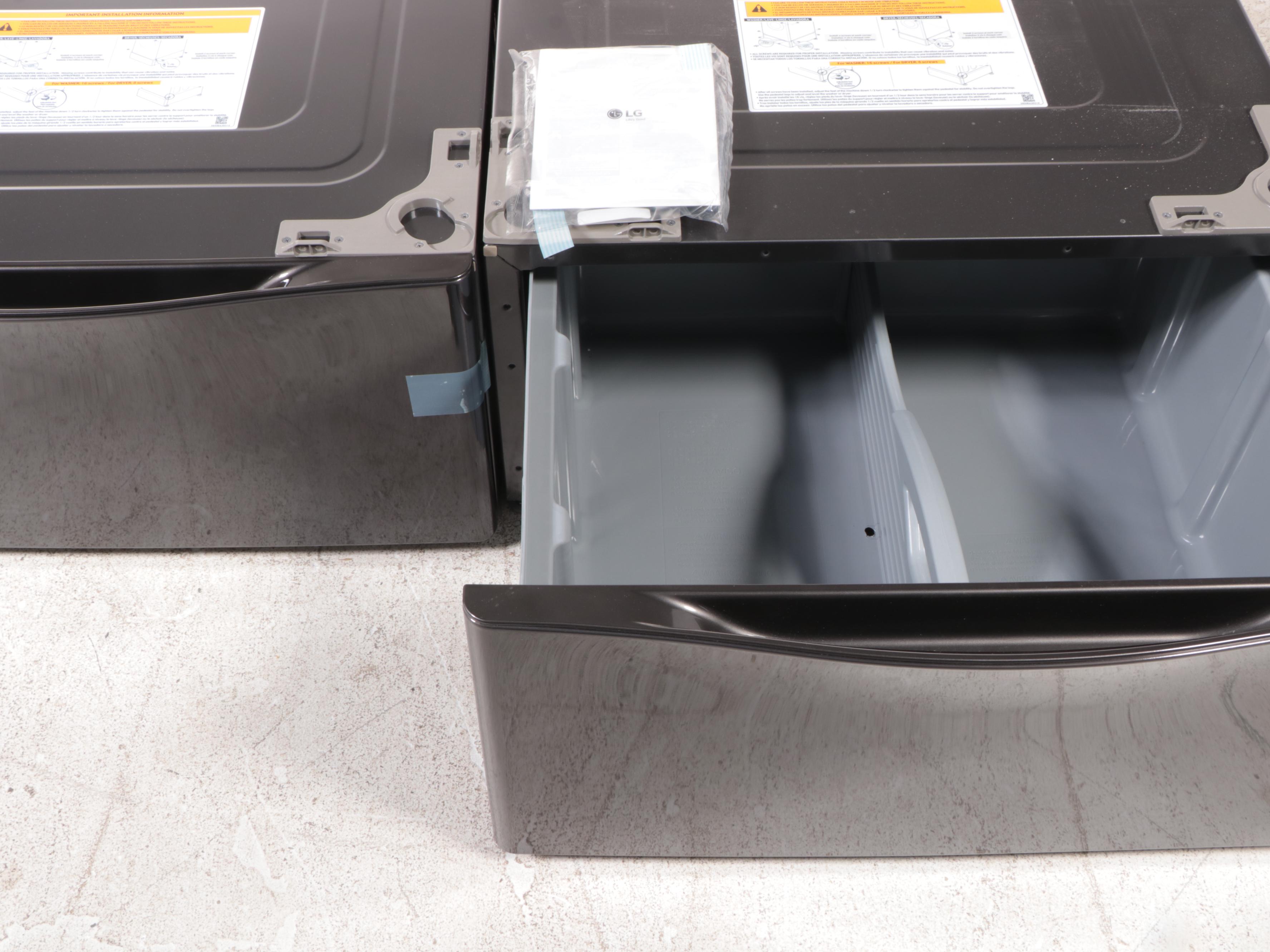 Two LG Black Steel Laundry Pedestals With Storage Drawer