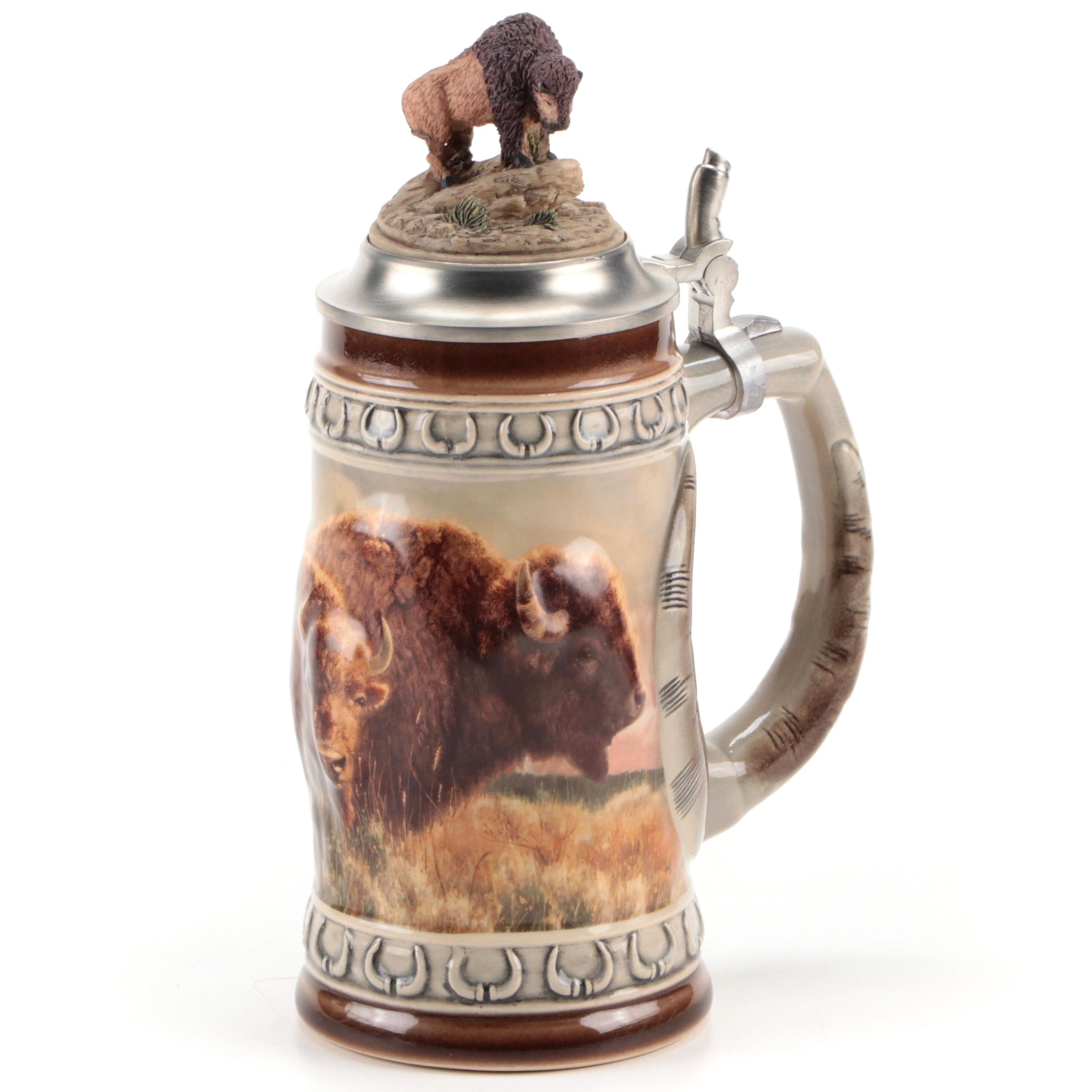 Gerz Limited Edition "Buffalo" Glazed Stoneware and Pewter Beer Stein