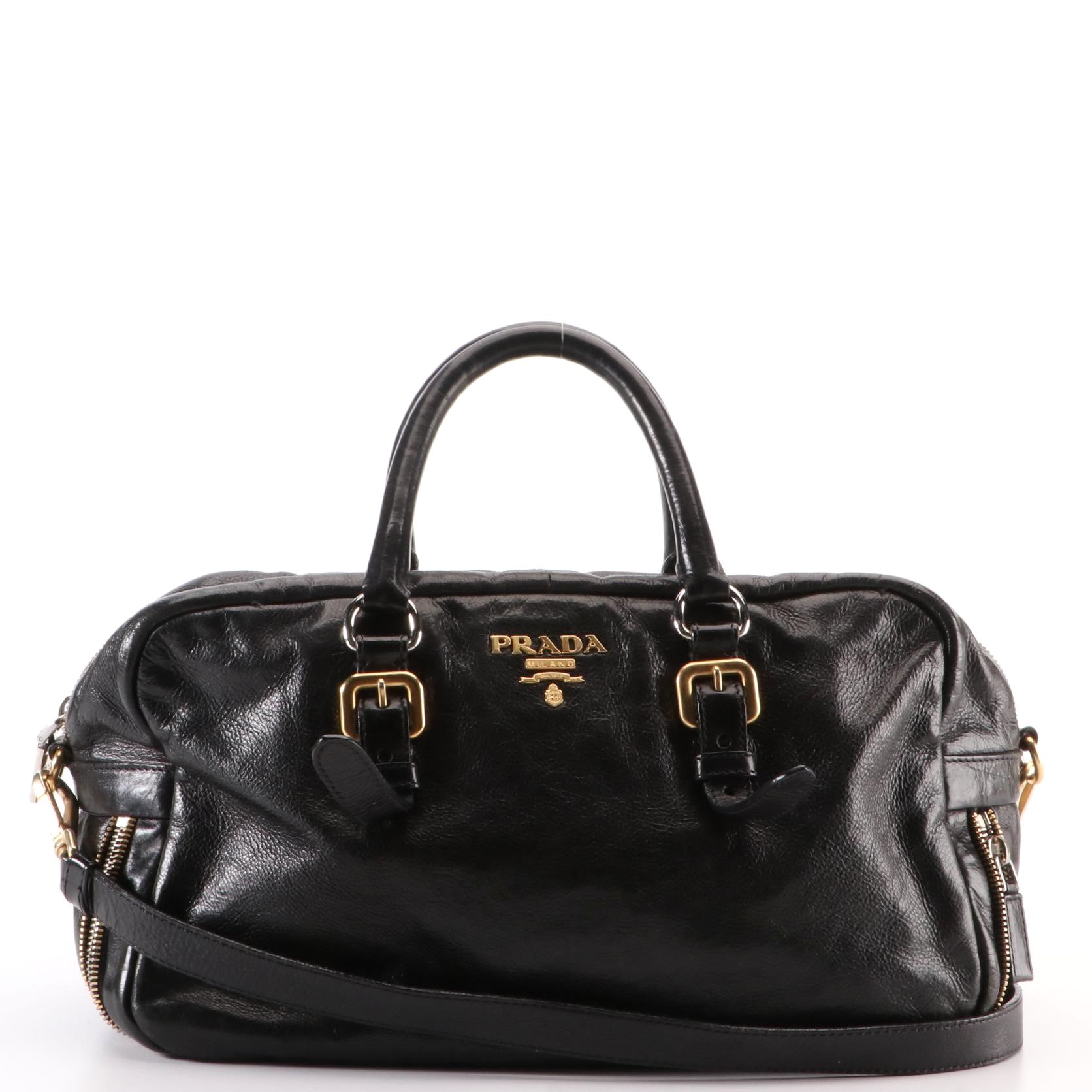 Prada Vitello Daino Satchel in Black Grained Leather