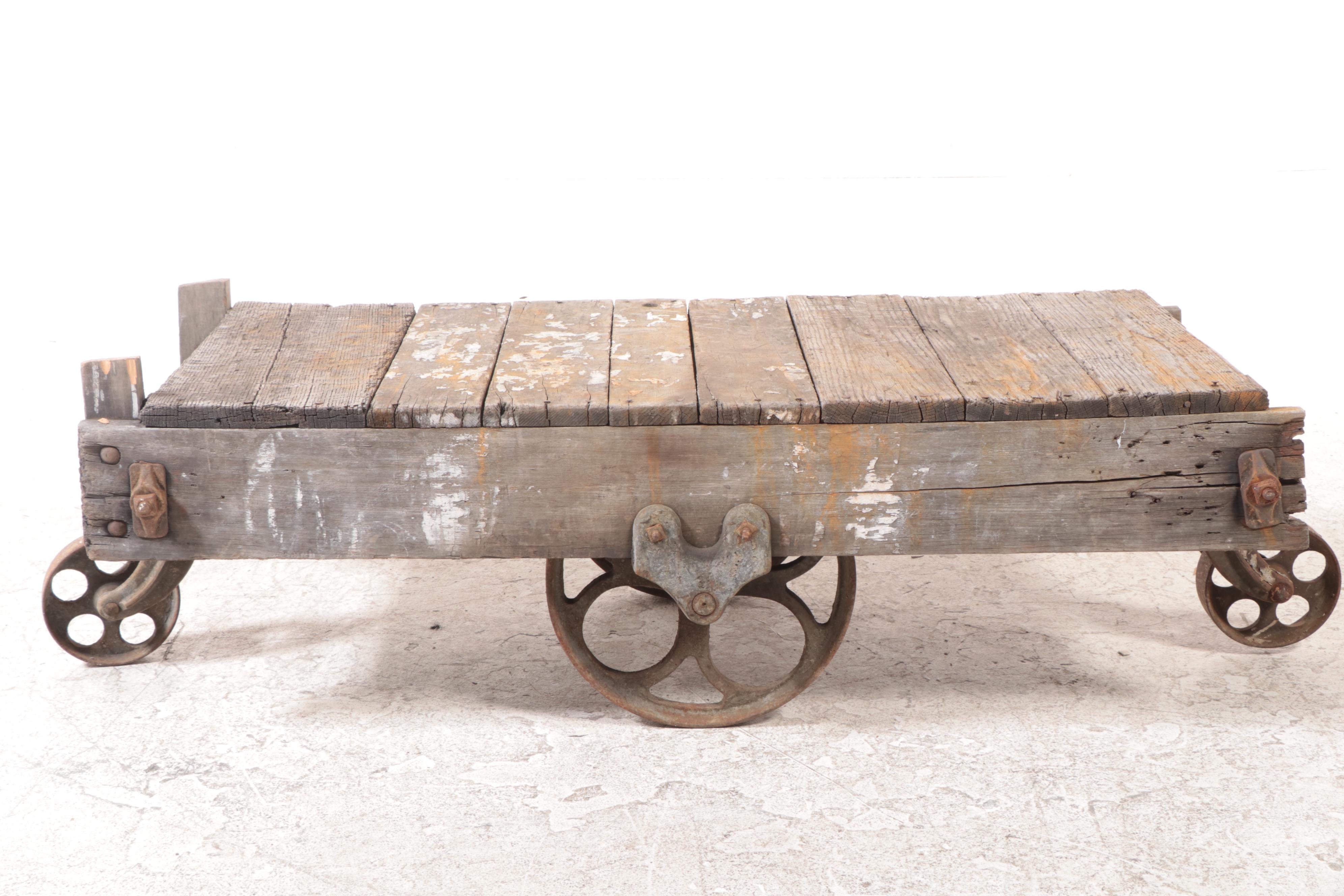 Industrial Iron and Slatted Wood Factory Cart, 20th Century