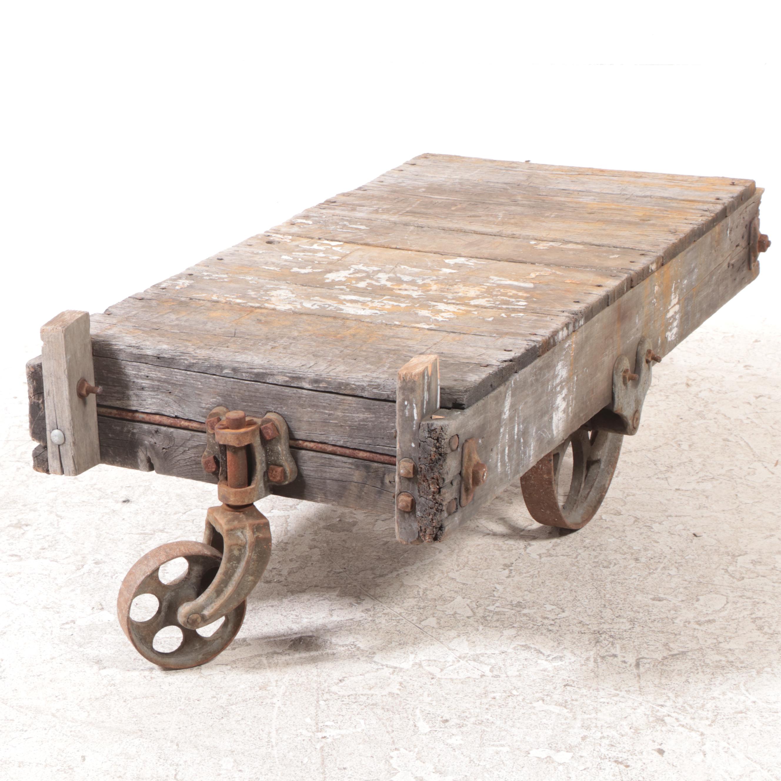 Industrial Iron and Slatted Wood Factory Cart, 20th Century