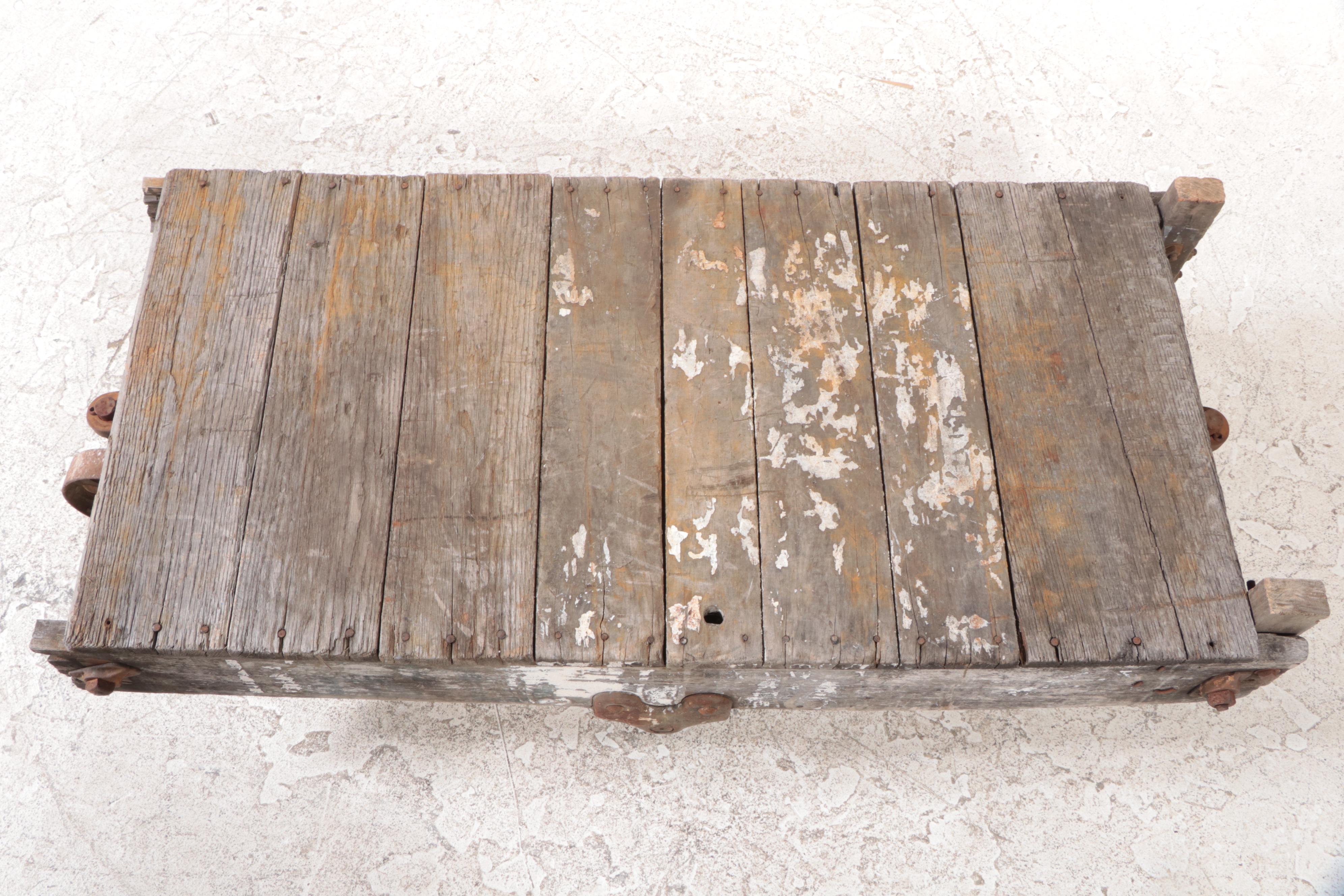 Industrial Iron and Slatted Wood Factory Cart, 20th Century