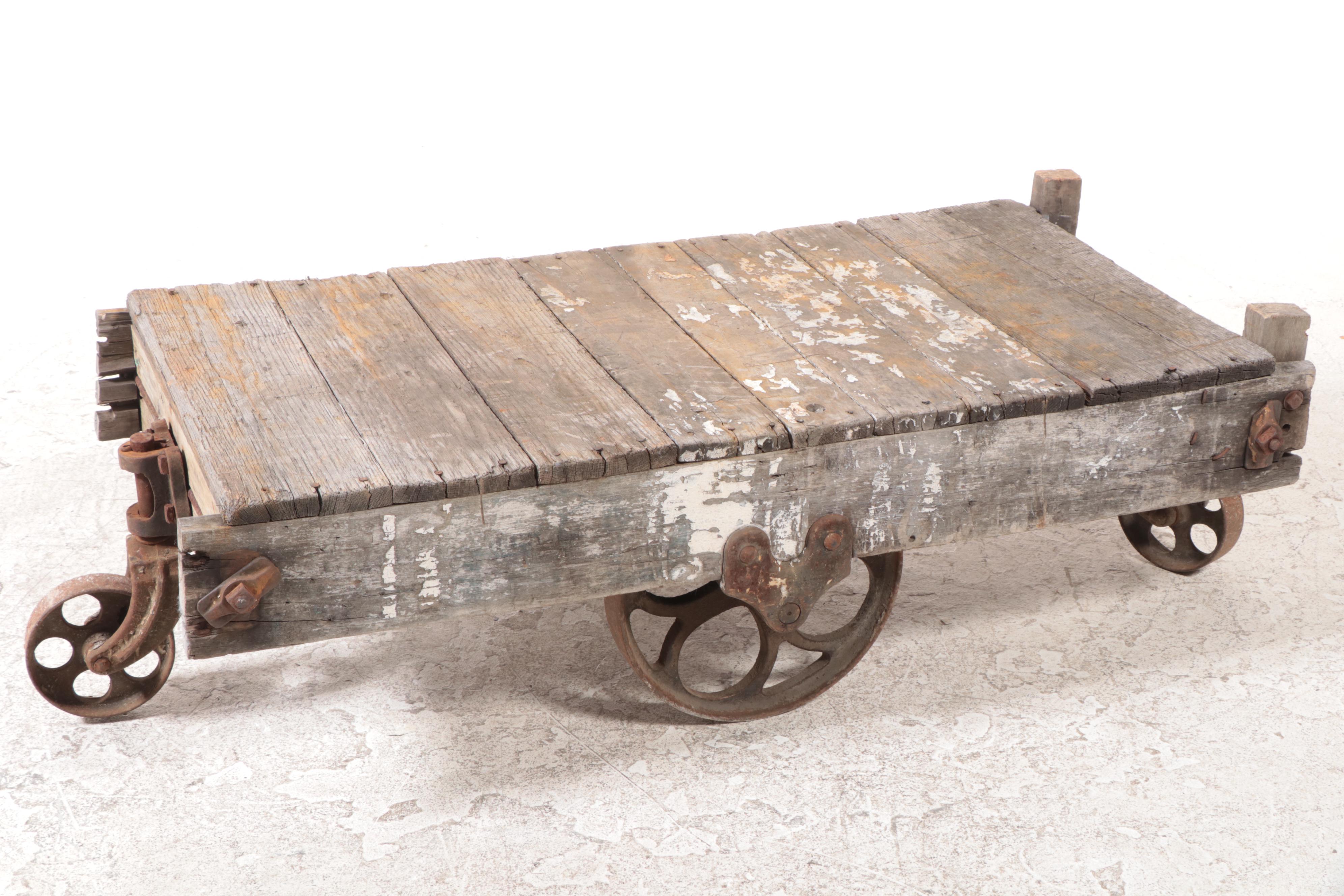 Industrial Iron and Slatted Wood Factory Cart, 20th Century