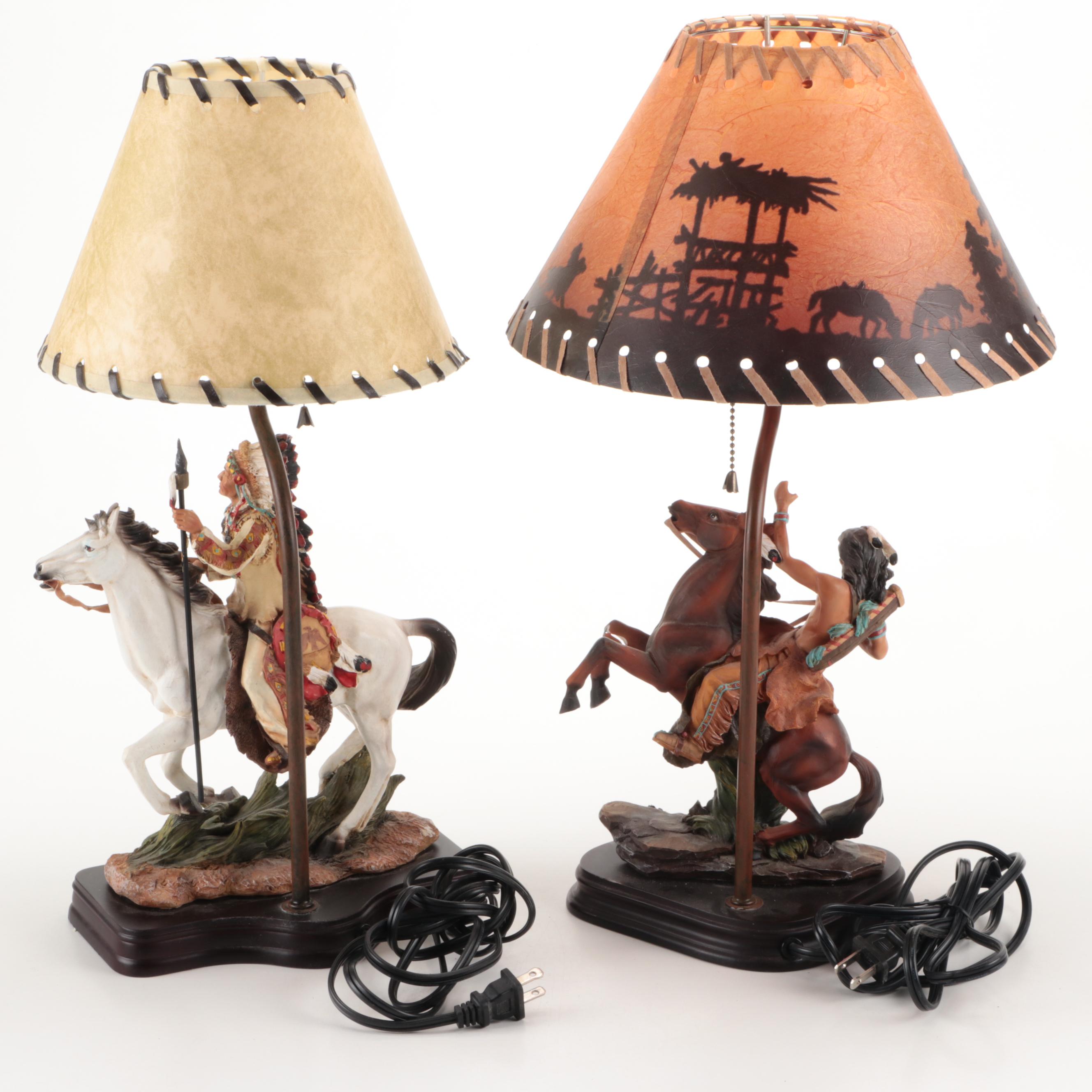 Native American Figures on Horseback Resin Table Lamps