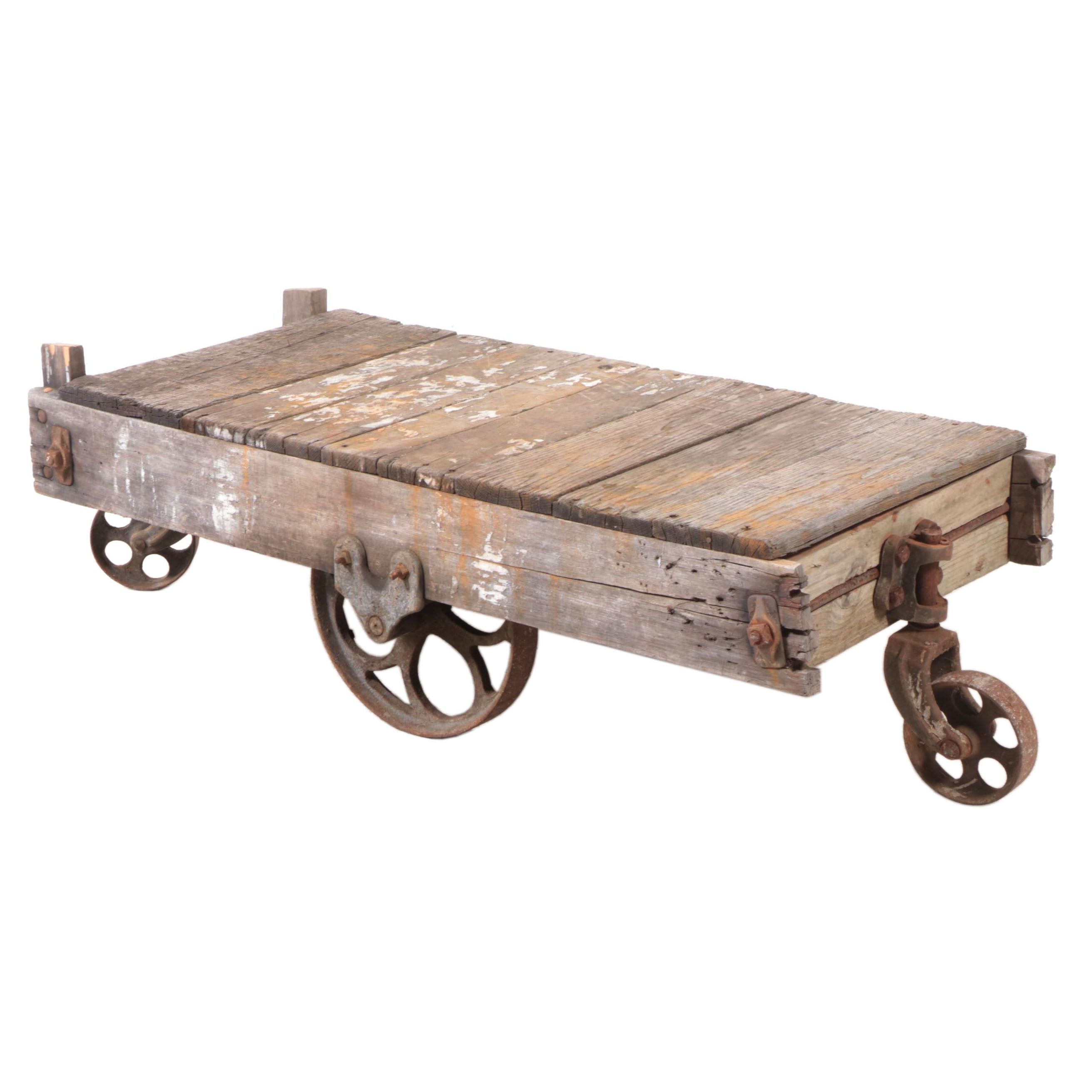 Industrial Iron and Slatted Wood Factory Cart, 20th Century