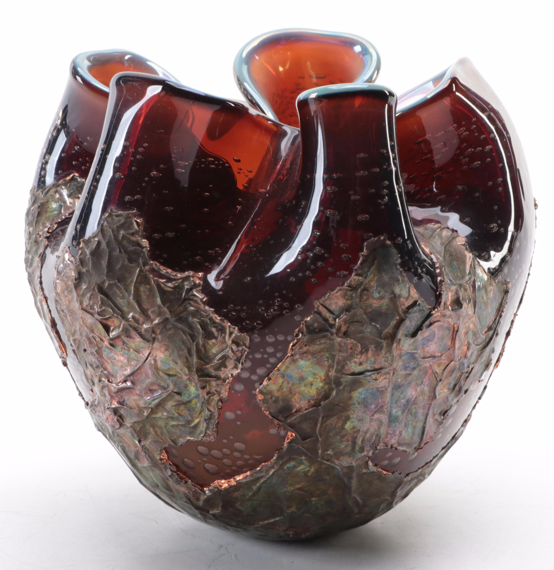 Signed Studio Art Glass Vase with Crimped Rim and Patinated Copper Overlay, 1975